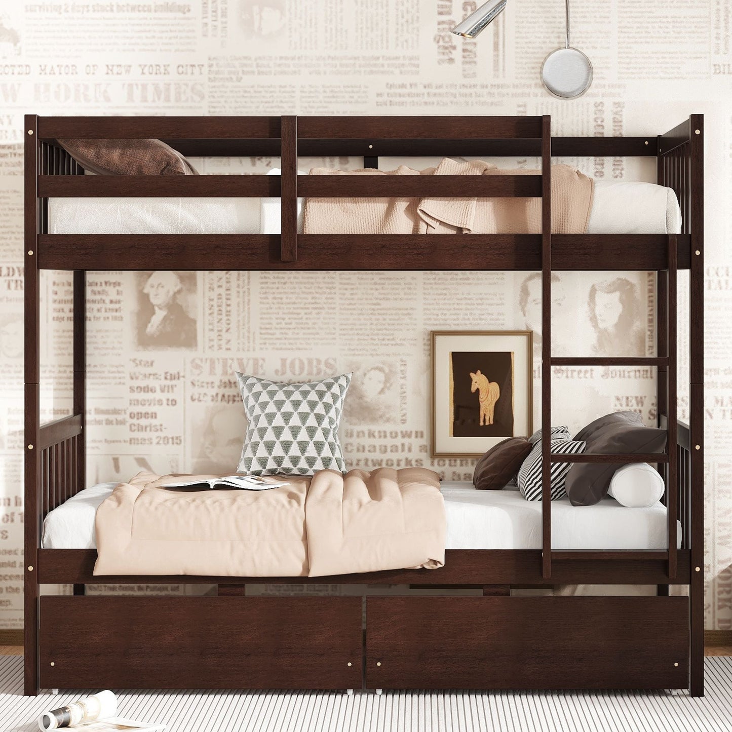 Convertible Twin Over Twin Rubber Wood Bunk Bed with 2 Drawers, Ladder, Safety Guardrails, Gray | Just Better Bunk Beds