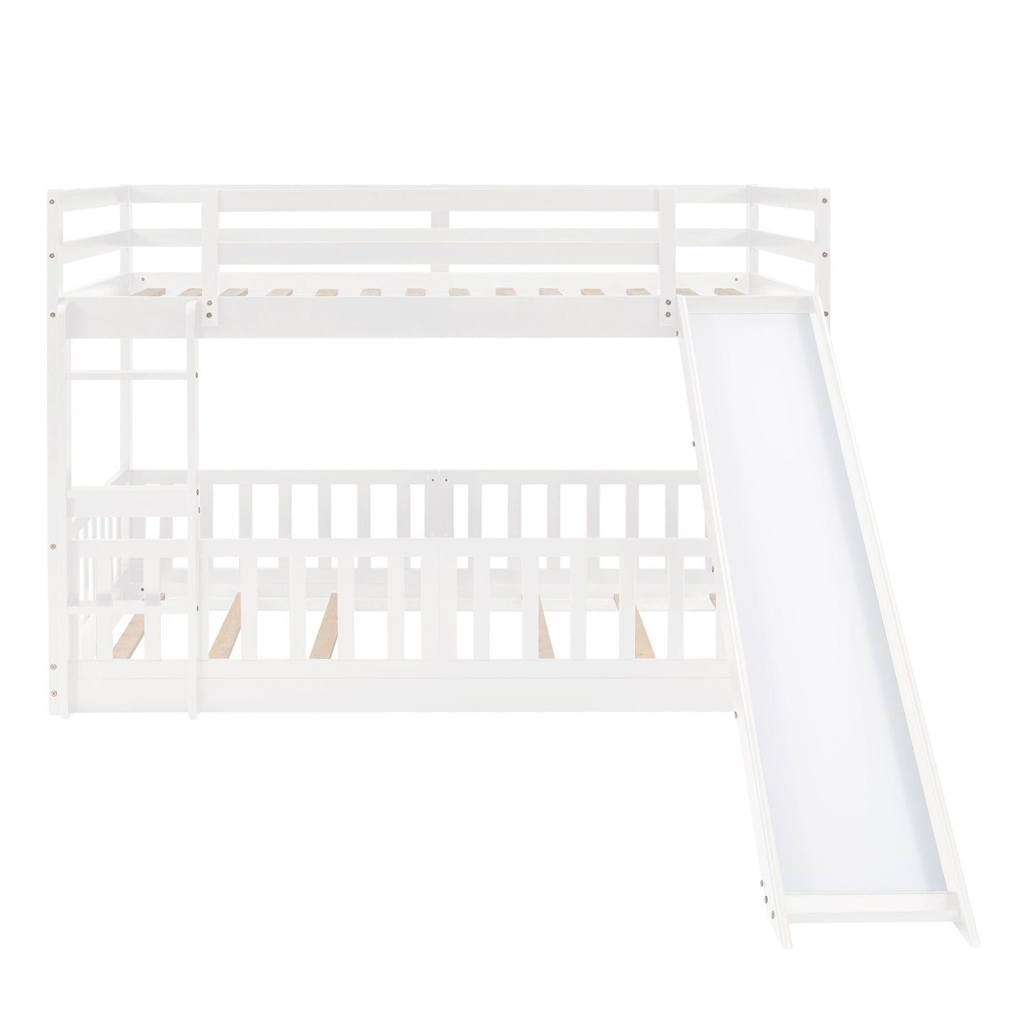 Kids Bedroom Twin Over Twin Wood Bunk Bed with Slide and Ladder, White | Just Better Bunk Beds