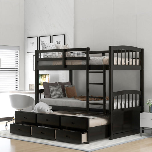 Shared Room Solution Twin Over Twin Wood Bunk Bed with Trundle and Drawers, Espresso | Just Better Bunk Beds