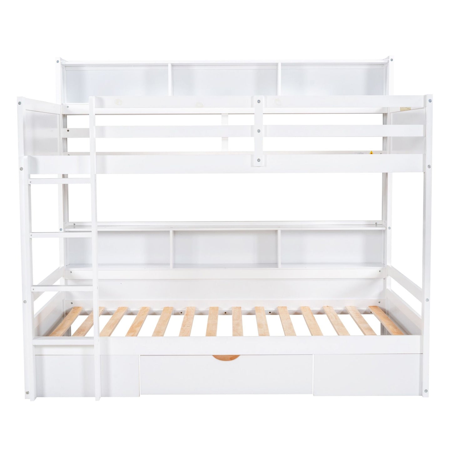Organized Twin Wood Bunk Bed with Built-In Shelves and Storage Drawer, White | Just Better Bunk Beds