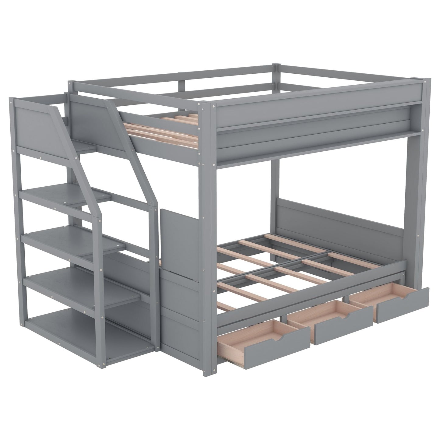 Convertible Full Wood Bunk Bed with Storage Staircase, Bedside Table, 3 Drawers, White | Just Better Bunk Beds
