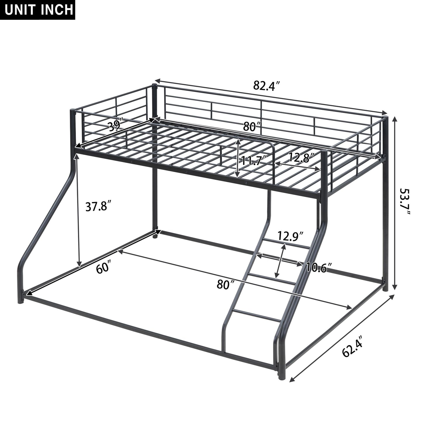 Space-Saving Twin XL Over Queen Metal Floor Bunk Bed, Black | Just Better Bunk Beds