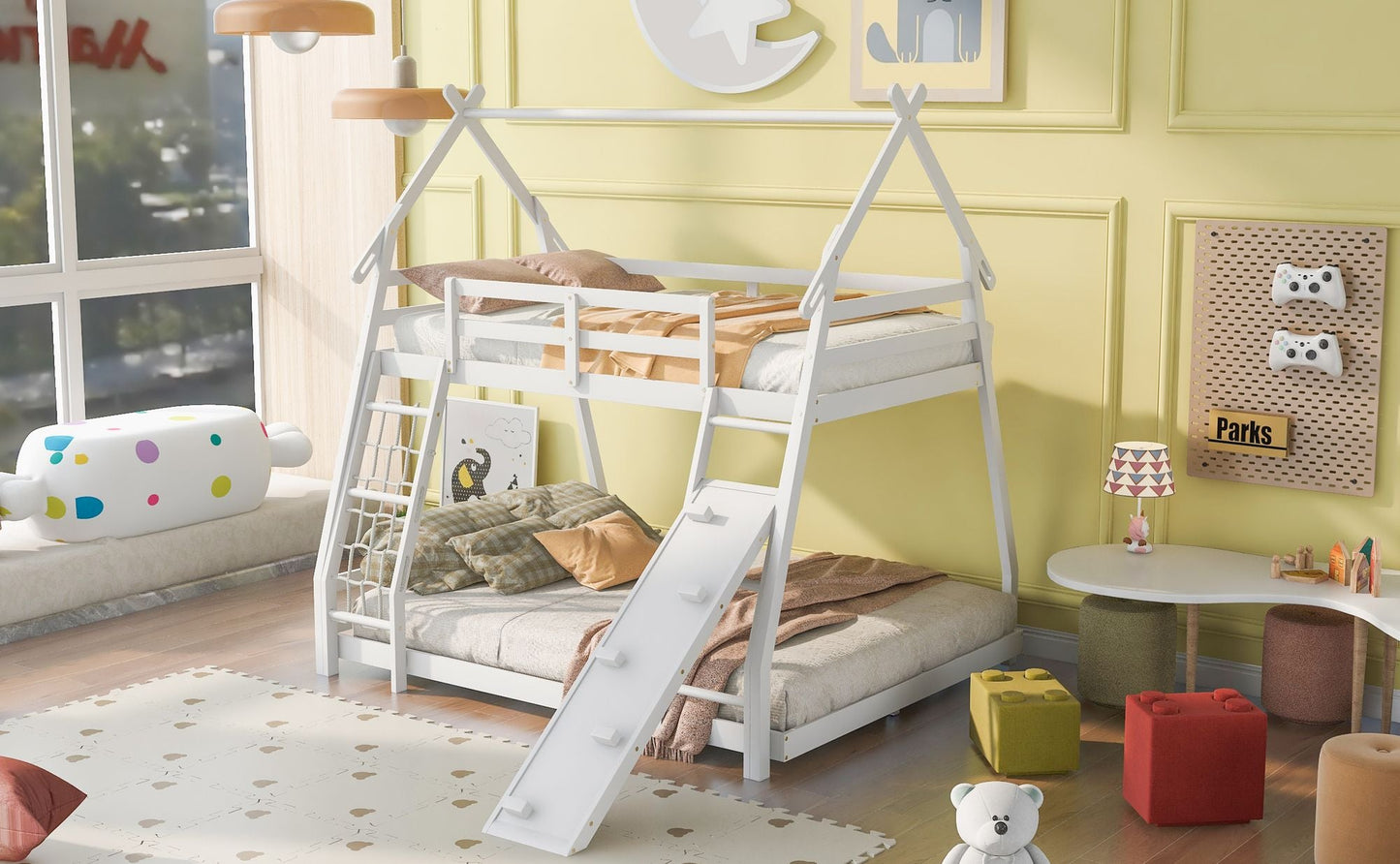 House-Style Twin Over Queen Wood Bunk Bed with Climbing Nets and Ramp, White | Just Better Bunk Beds