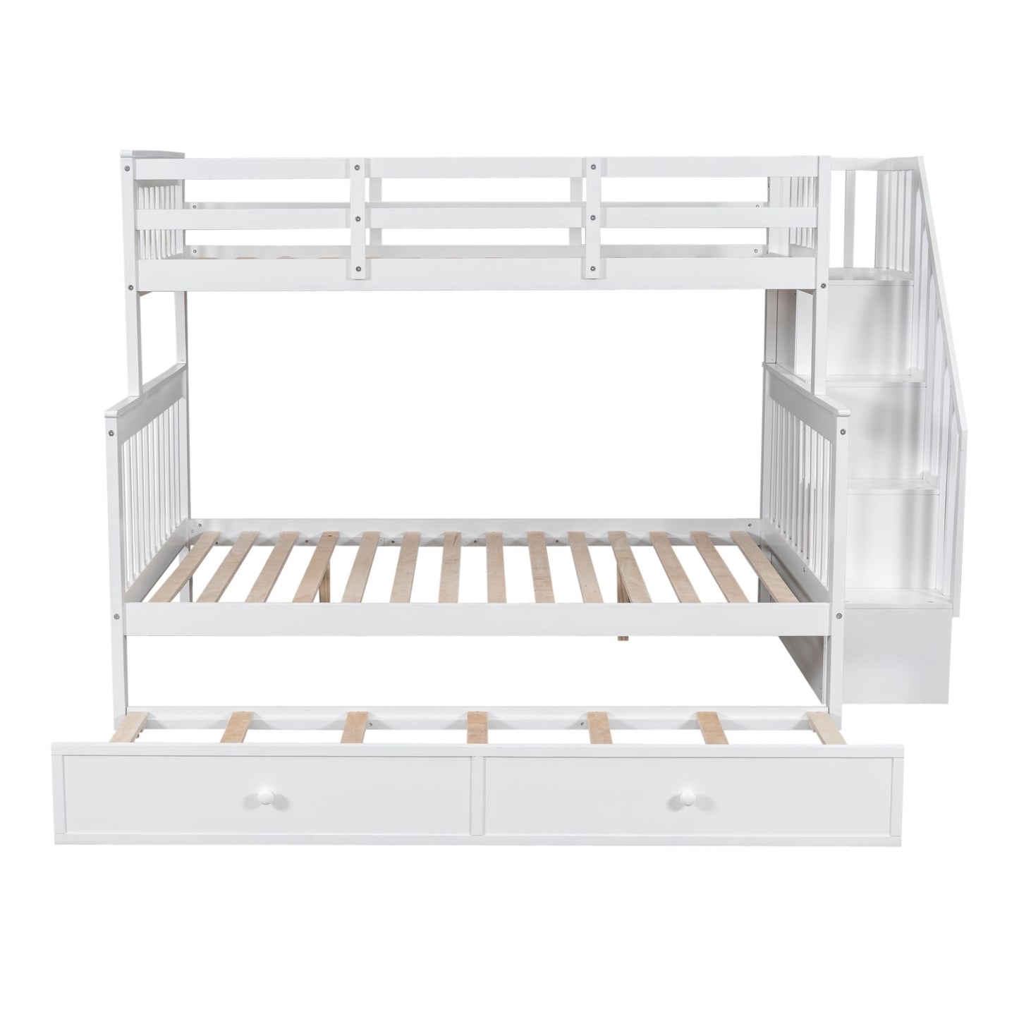 Heavy-Duty Twin Over Full Wood Bunk Bed with Twin Trundle, Storage and Guard Rail, White | Just Better Bunk Beds