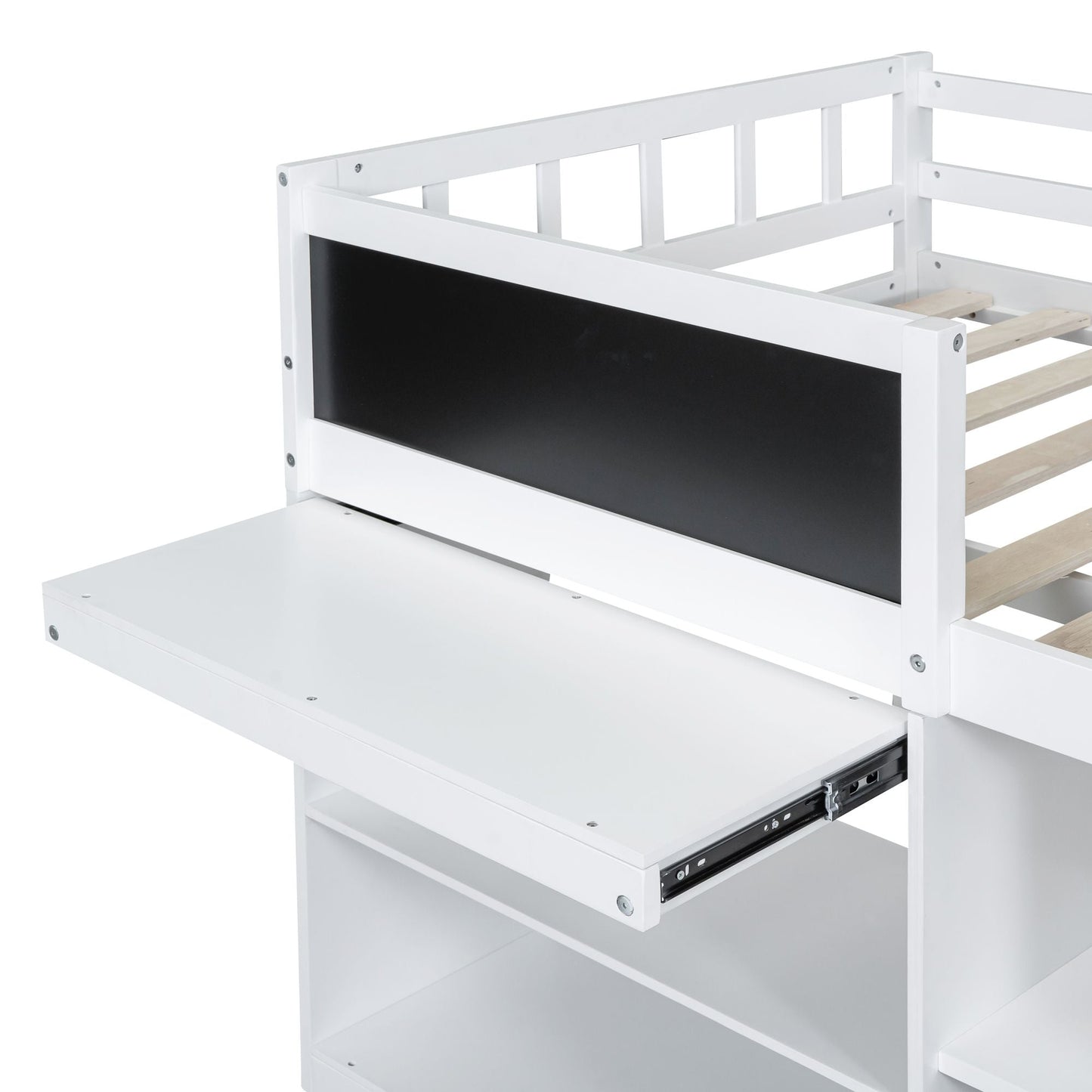 Space-Saving Twin Low Loft Wood Bed with Rolling Desk, Shelf, Drawers, White | Just Better Bunk Beds