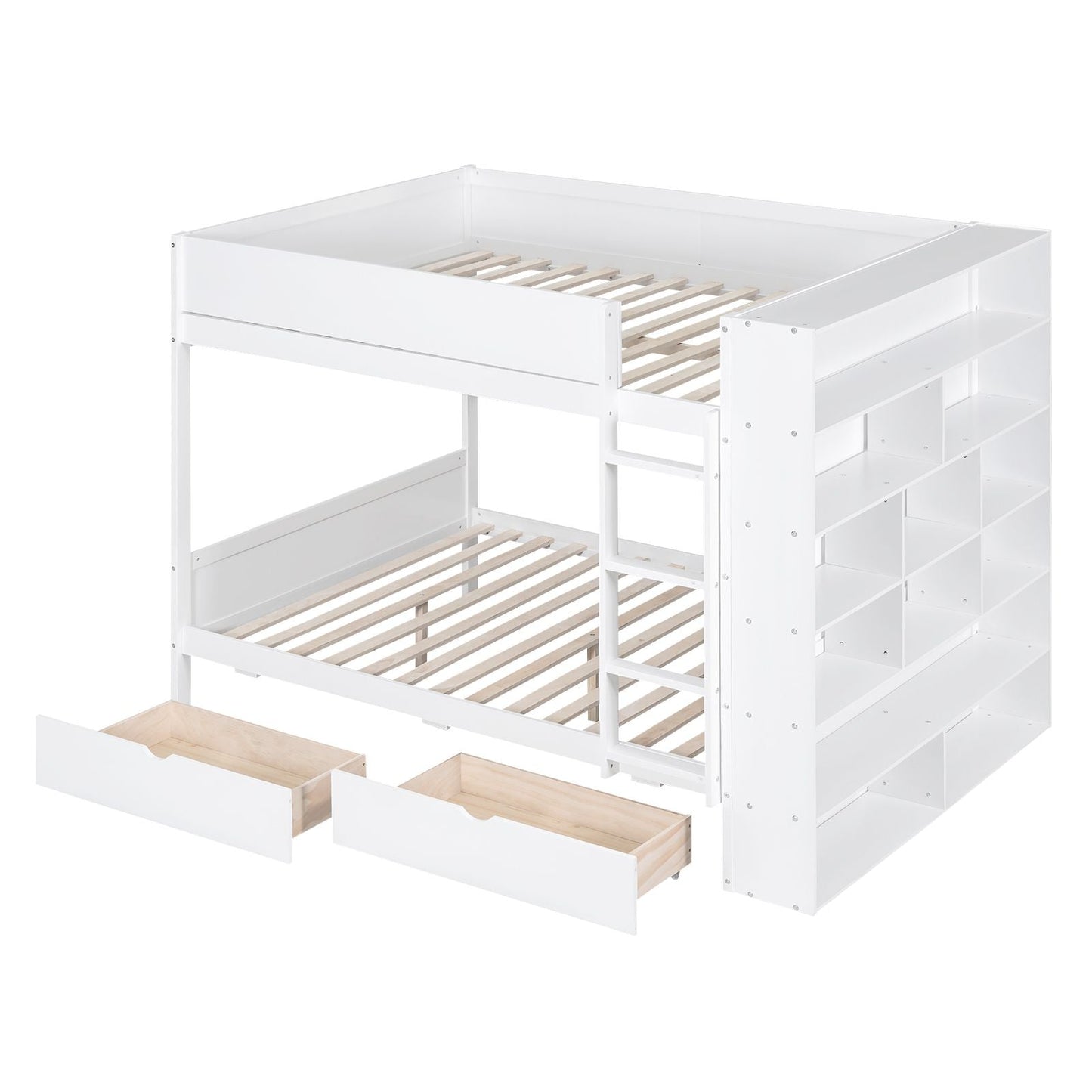 Organized Full Over Full Wood Bunk Bed with 2 Drawers and Multi-Layer Cabinet, White | Just Better Bunk Beds
