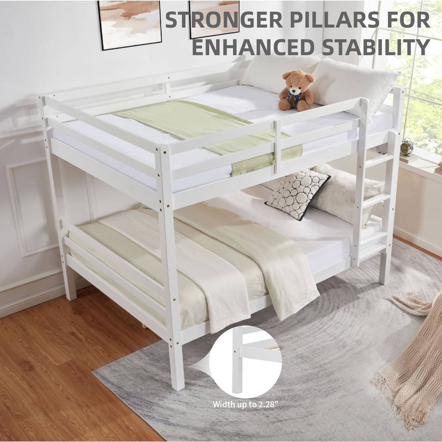 Kids Bedroom Full Over Full Wood Bunk Bed with Thick Posts, High Guardrail, Ladder, White | Just Better Bunk Beds