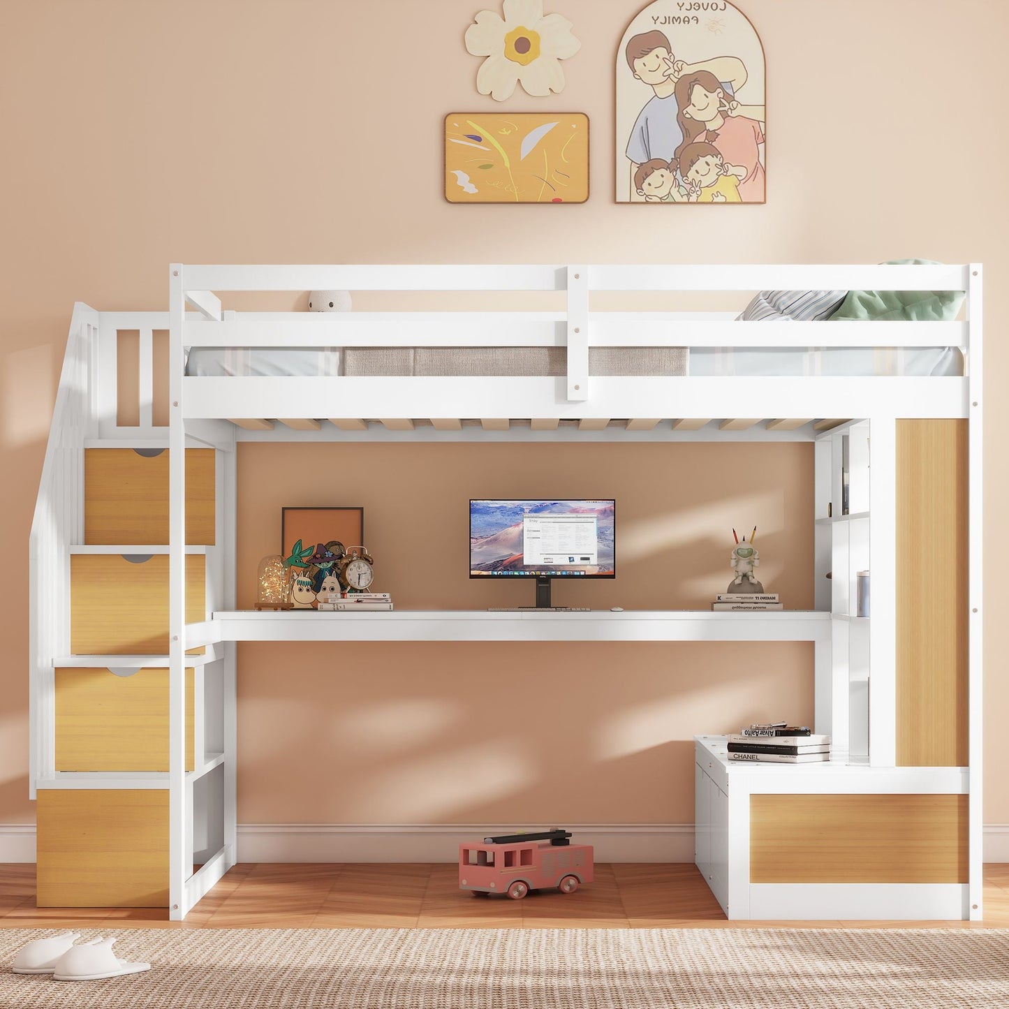 Space-Saving Full Wood Loft Bed with Desk, Shelves, Drawers, Storage Staircase, White and Natural | Just Better Bunk Beds