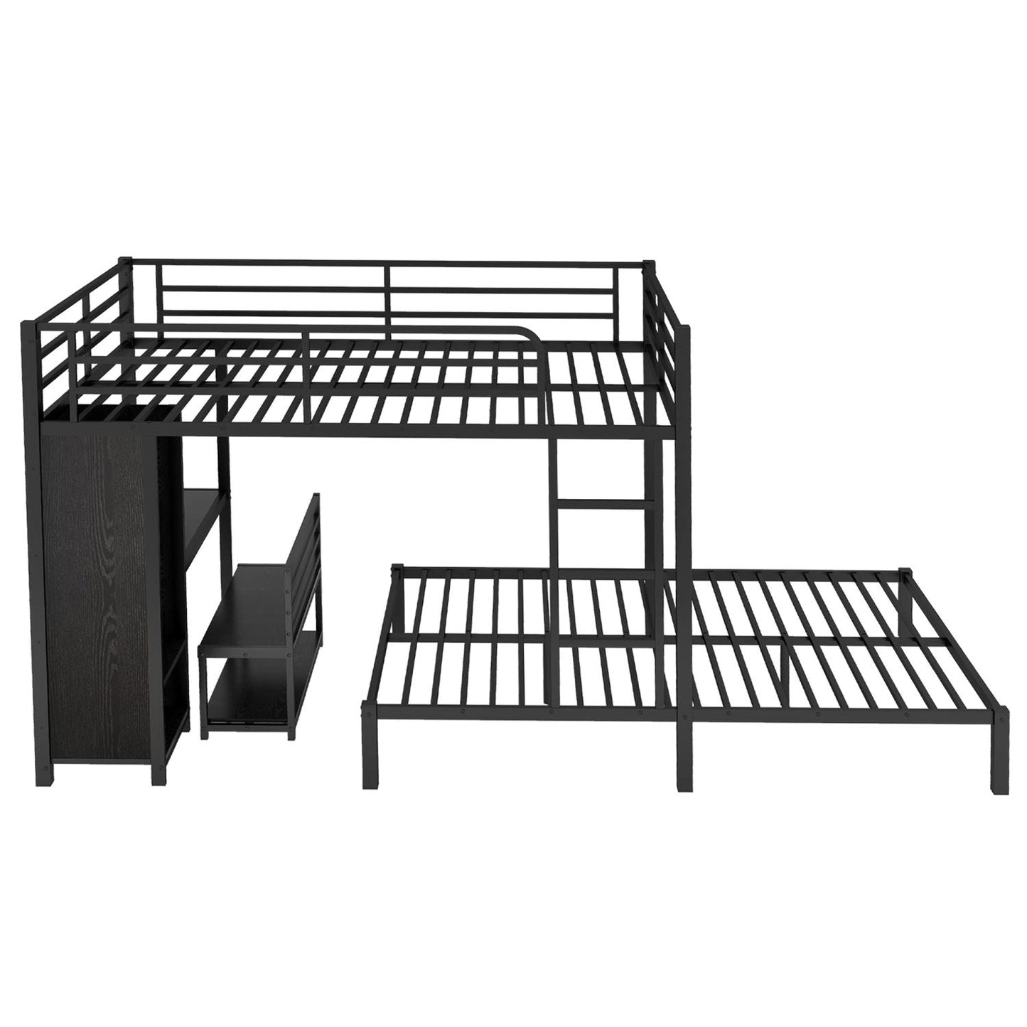 Shared Room Solution Queen Over Queen Metal Bunk Bed with Built-in Wardrobe, Desk, and Storage Chairs, Black | Just Better Bunk Beds