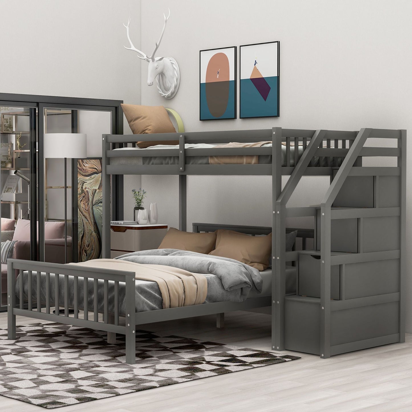 Space-Saving Twin Over Full Wood Loft Bed with Staircase, Gray | Just Better Bunk Beds