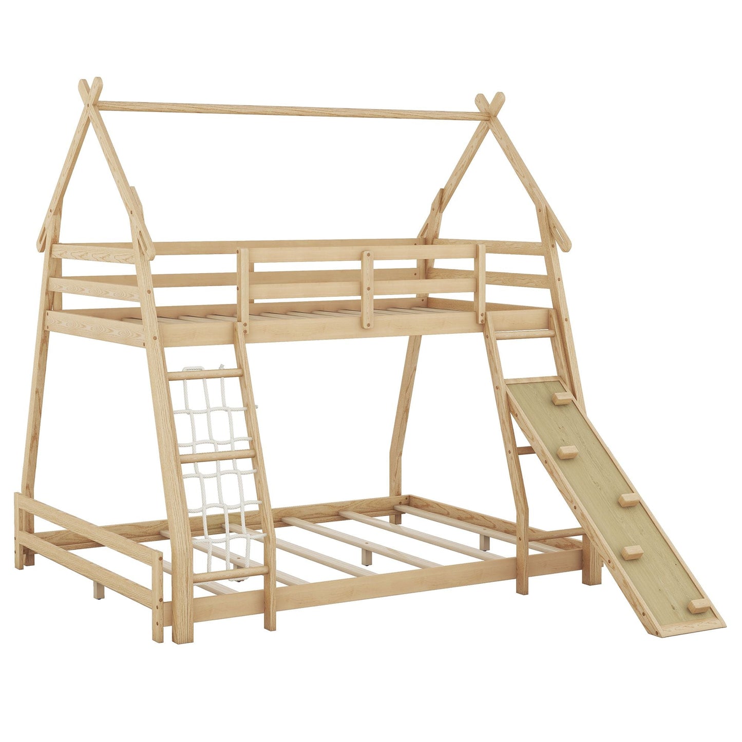 Shared Room Solution Twin Over Queen Wood House Bunk Bed with Climbing Nets and Ramp, Natural | Just Better Bunk Beds