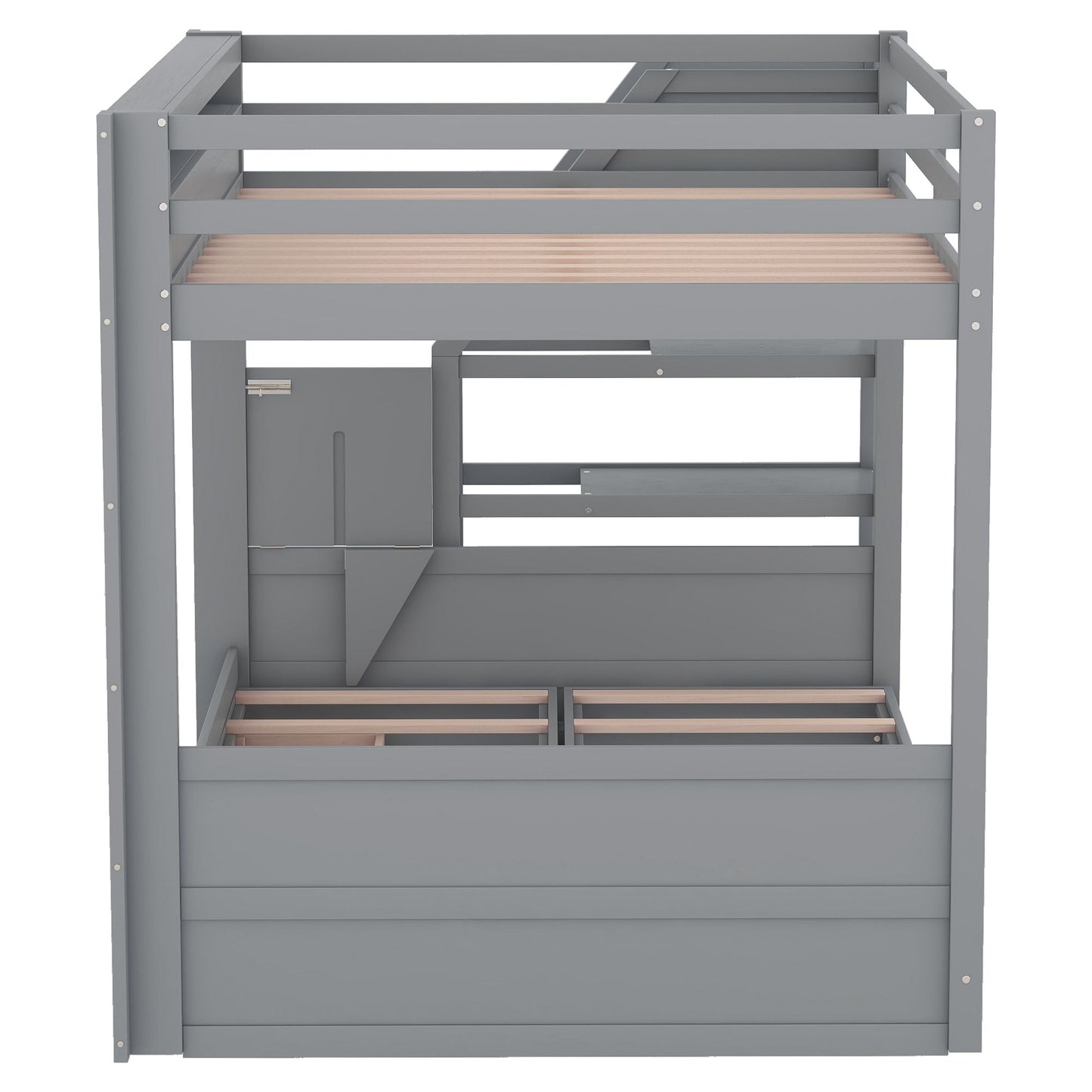 Convertible Full Wood Bunk Bed with Storage Staircase, Bedside Table, 3 Drawers, White | Just Better Bunk Beds