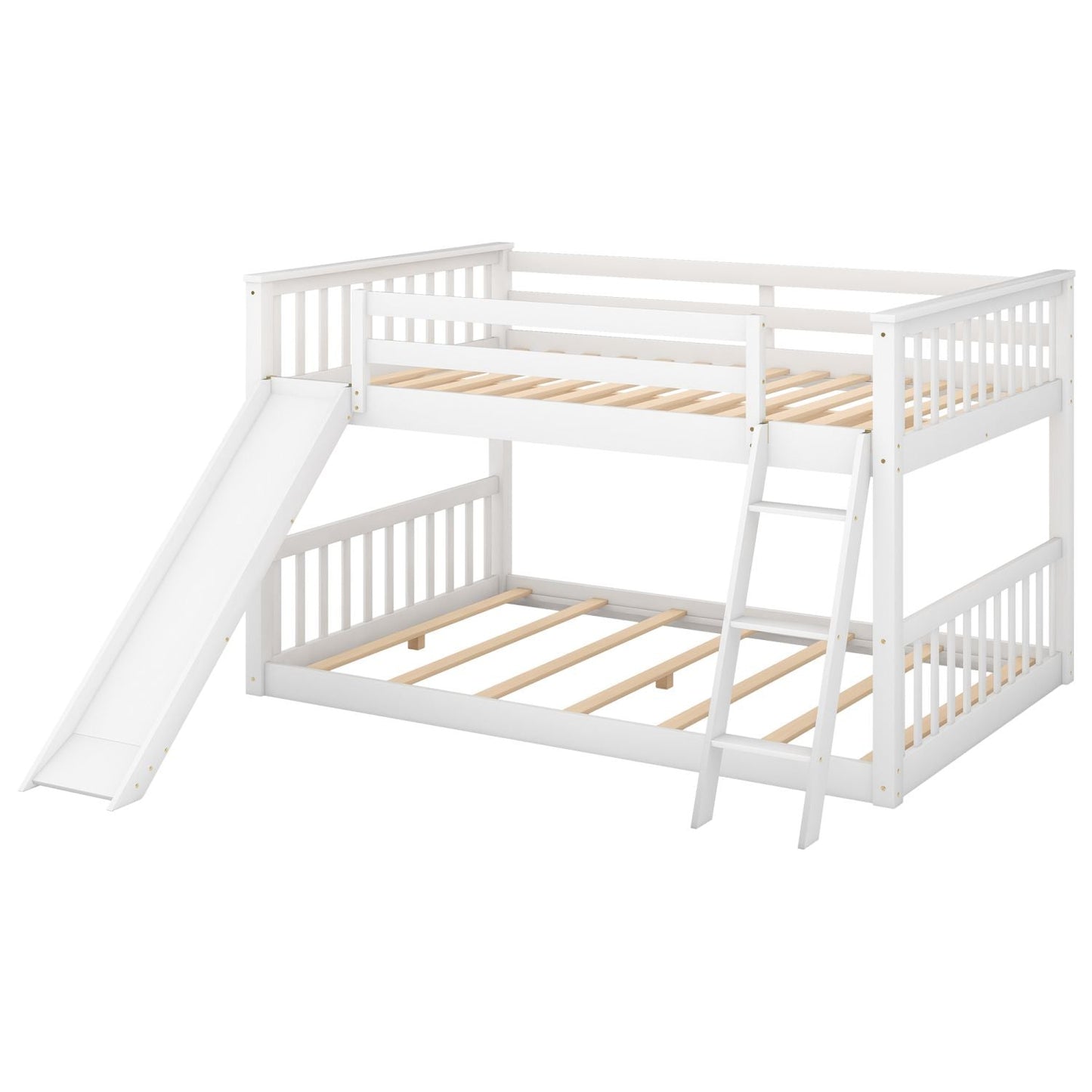 House-Style Full Over Full Wood Bunk Bed with Convertible Slide and Ladder, White | Just Better Bunk Beds