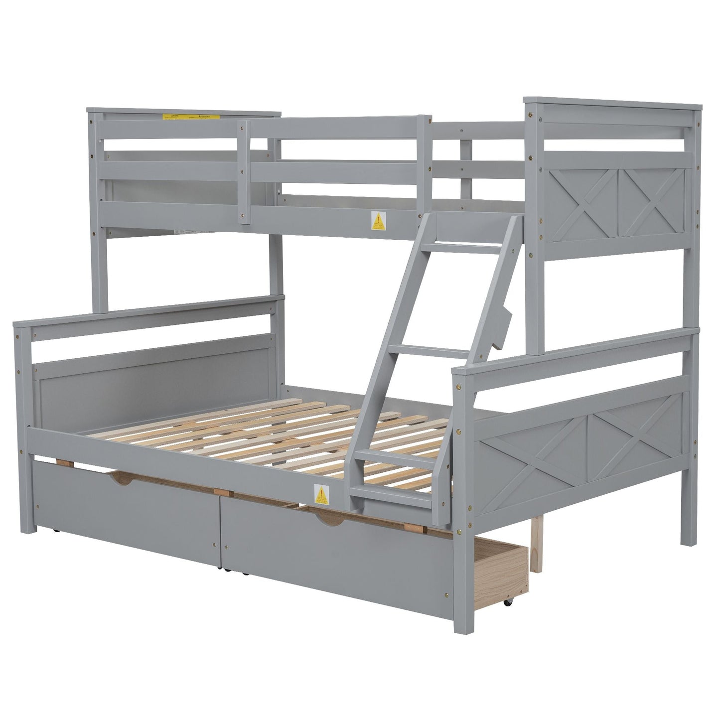 Heavy-Duty Twin Over Full Wood Bunk Bed with Ladder, Storage Drawers, Safety Guardrail, Gray | Just Better Bunk Beds