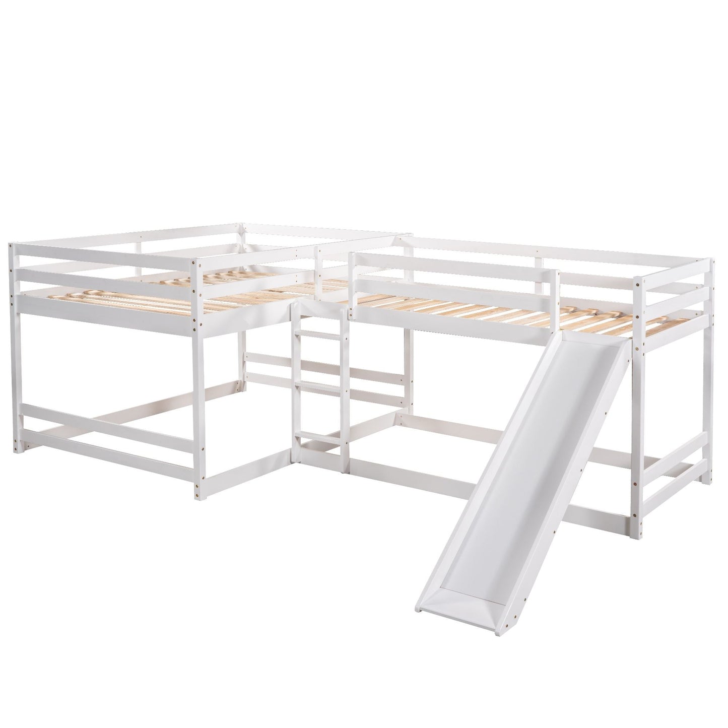 Full and Twin Size L-Shaped Bunk Bed with Slide and Short Ladde