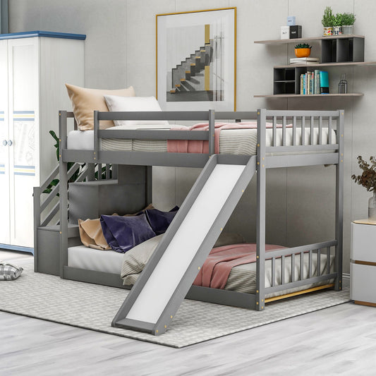 Convertible Twin Over Twin Wood Bunk Bed with Slide and Stairway, White | Just Better Bunk Beds