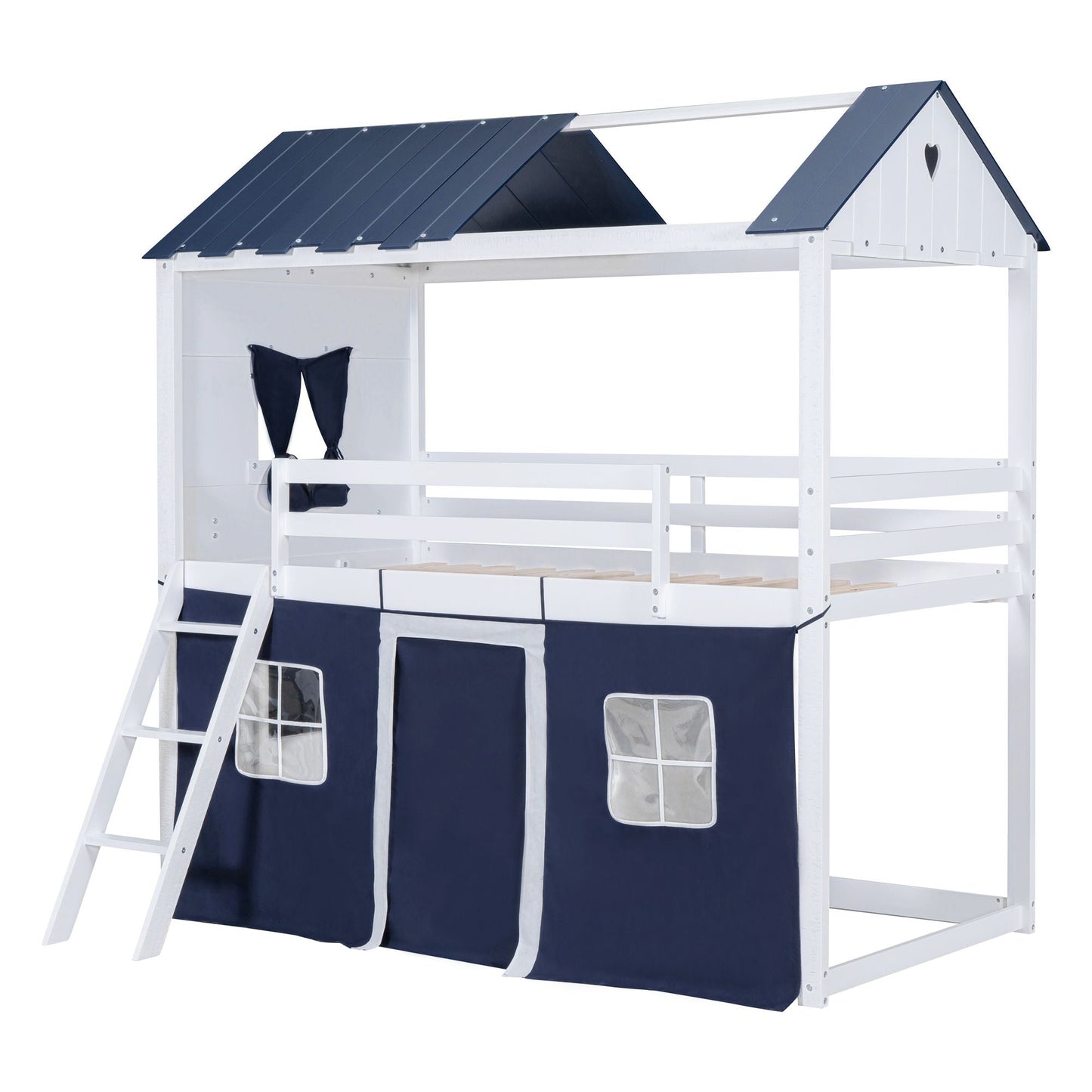 House-Style Twin Wood Bunk Bed with Elegant Windows, Sills, Tent, Blue and White | Just Better Bunk Beds