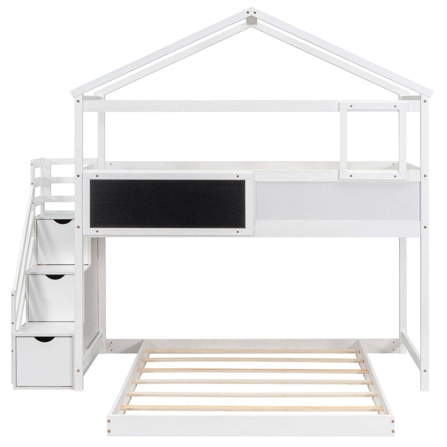 House-Style Twin Over Full Wood Bunk Bed with Storage Staircase, Blackboard, White | Just Better Bunk Beds