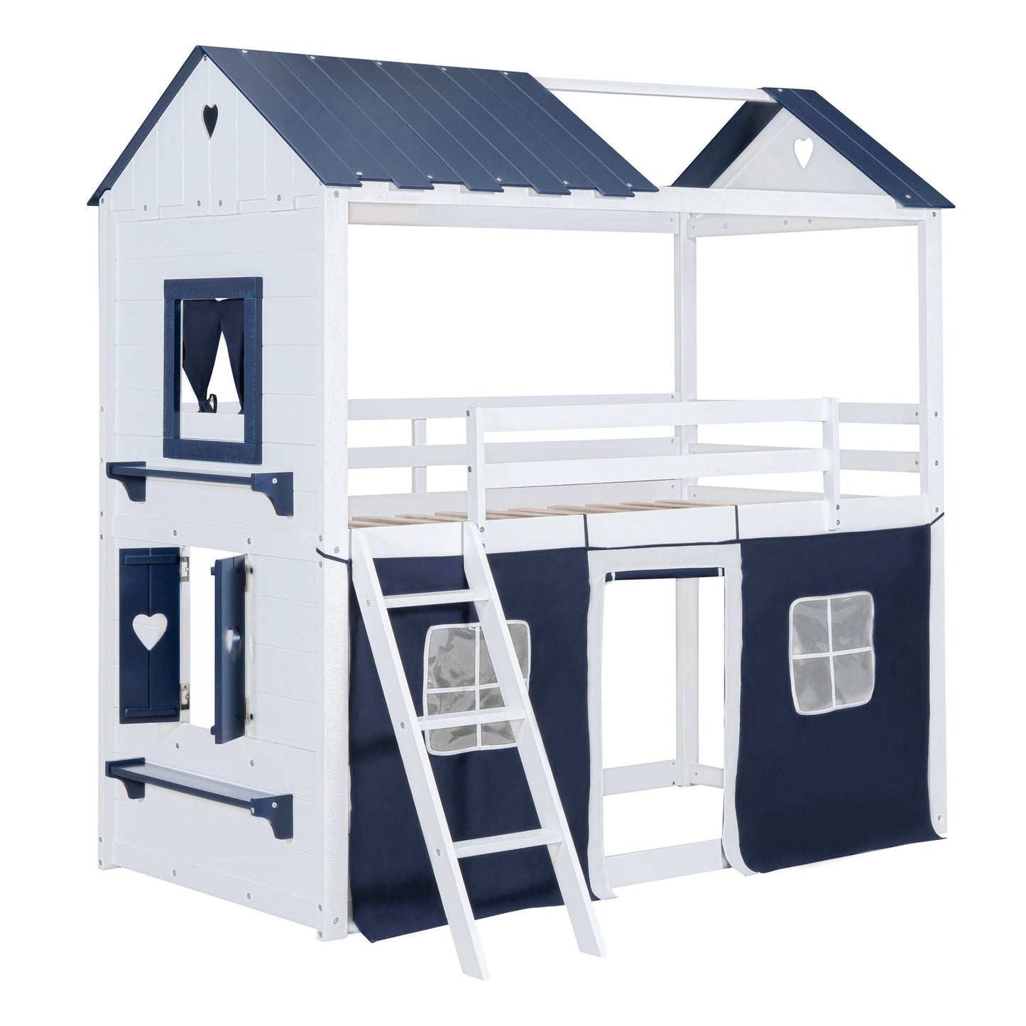 House-Style Twin Wood Bunk Bed with Elegant Windows, Sills, Tent, Blue and White | Just Better Bunk Beds
