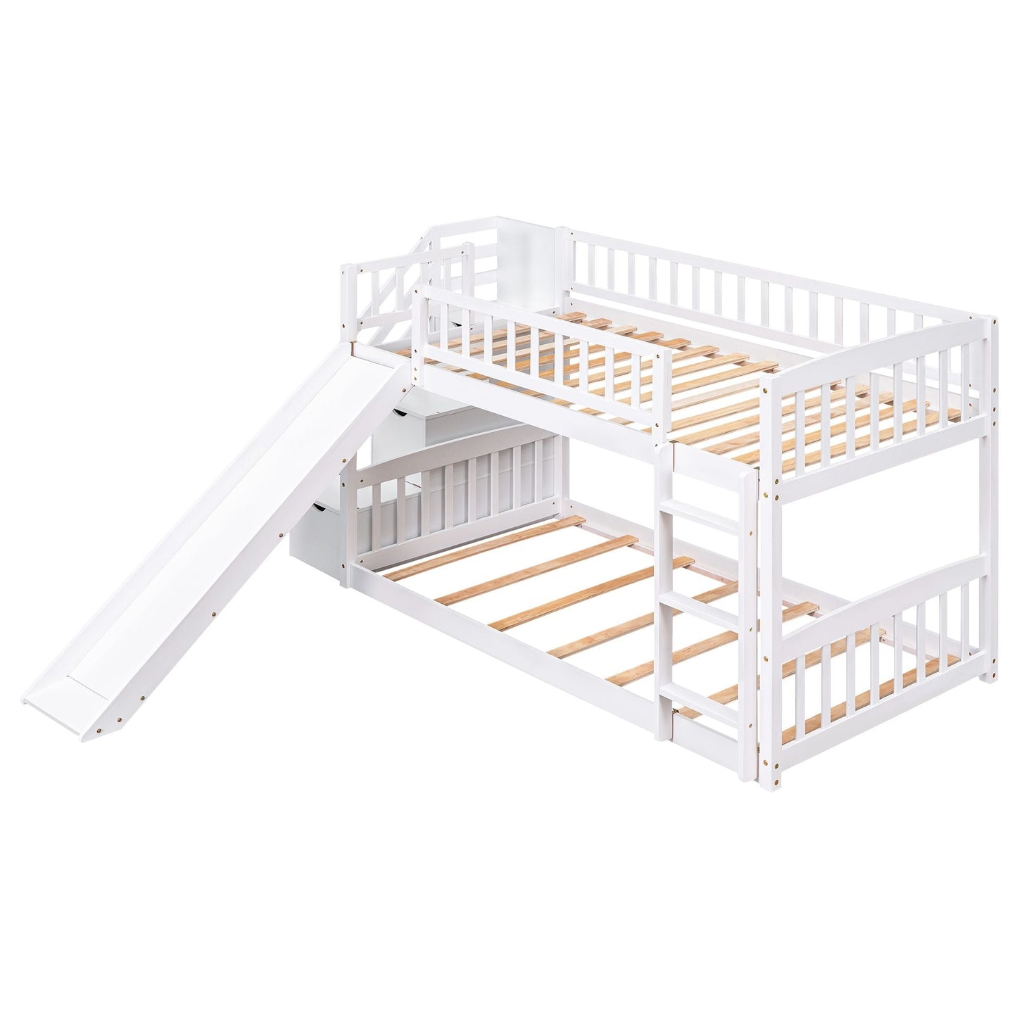 Stairway Twin over Twin Bunk Bed with Two Drawers and Slide,  White