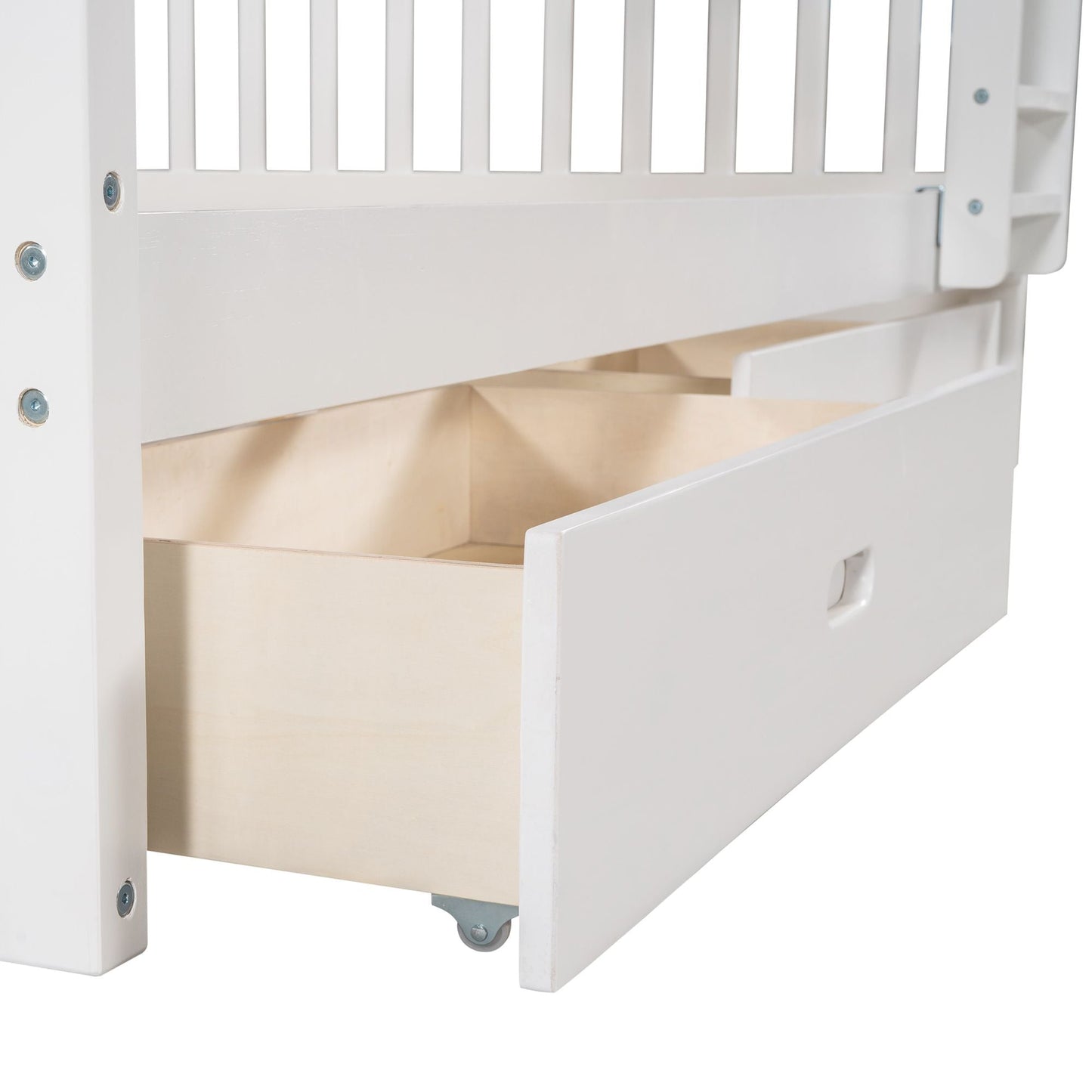 Shared Room Solution Full Over Full Wood Bunk Bed with Ladders and Two Storage Drawers, White | Just Better Bunk Beds