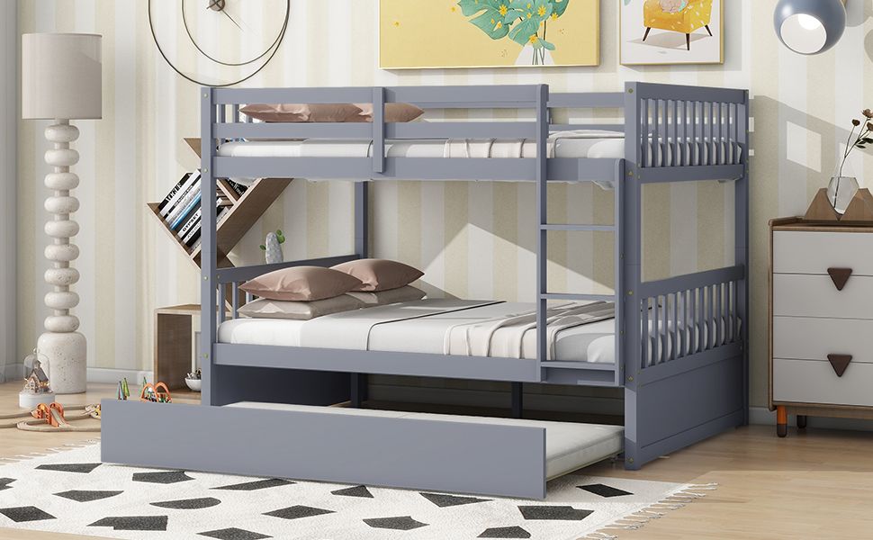 Convertible Full Over Full Rubber Wood Bunk Bed with Trundle, Ladder, and Guardrails, Gray | Just Better Bunk Beds