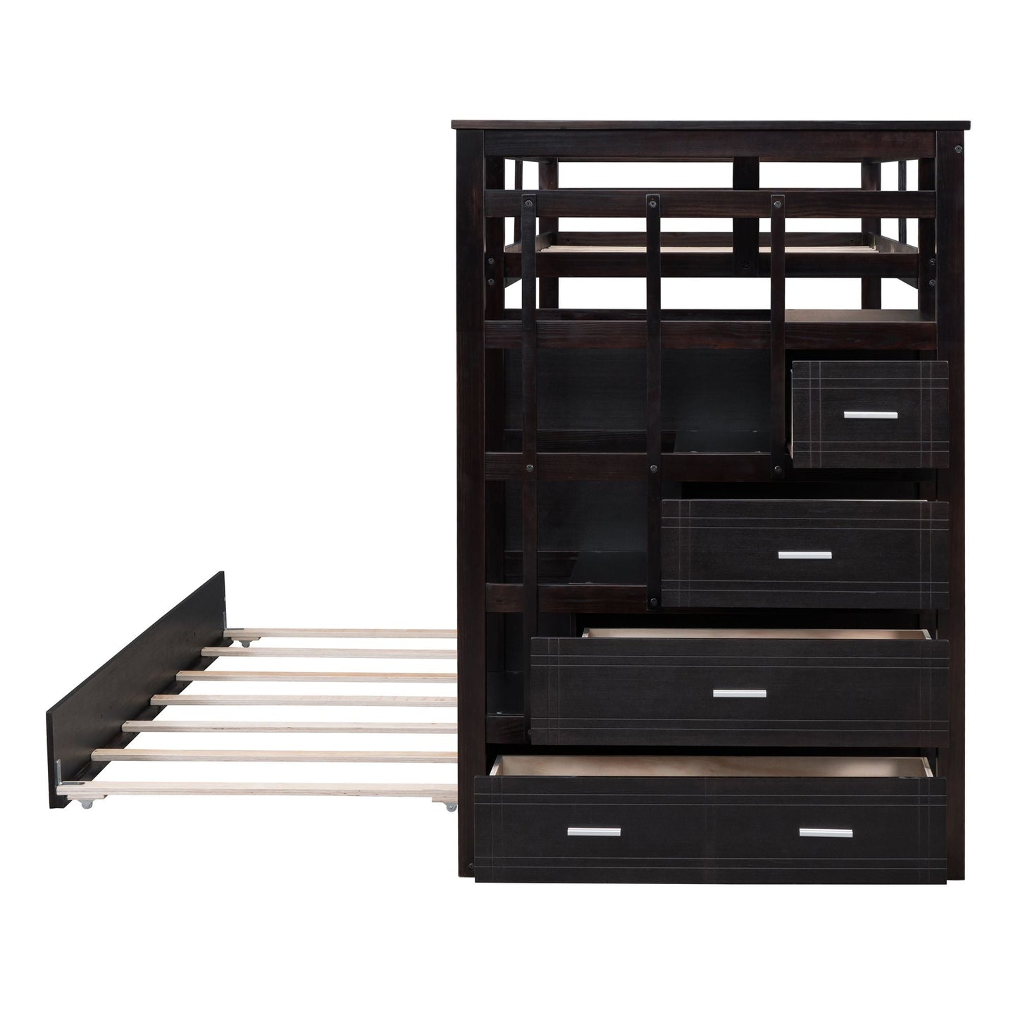 Shared Room Solution Twin Over Twin Wood Bunk Bed with Trundle and Staircase, Espresso | Just Better Bunk Beds
