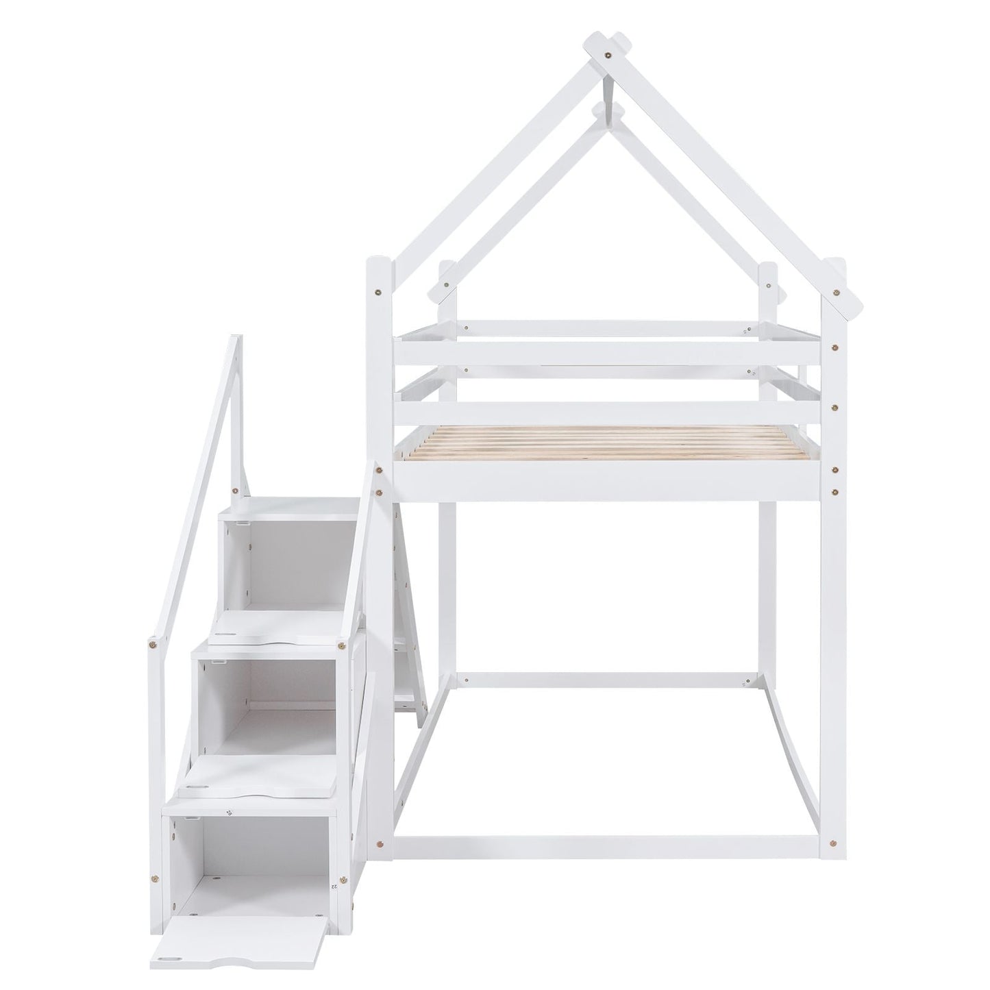 Kids Bedroom Twin Over Twin Wood House Loft Bed with Slide and Staircase, White | Just Better Bunk Beds
