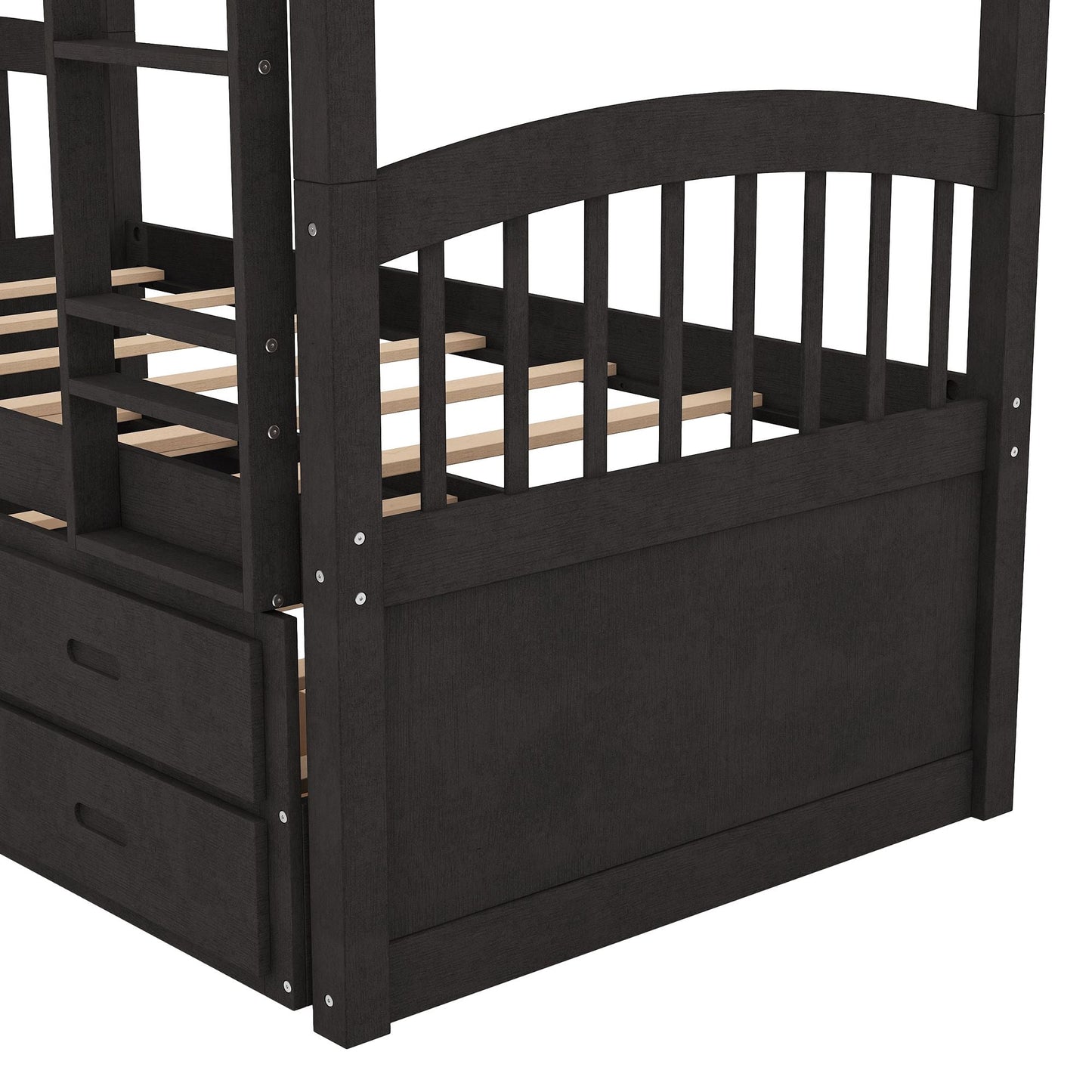 Shared Room Solution Twin Over Twin Wood Bunk Bed with Trundle and Drawers, Espresso | Just Better Bunk Beds