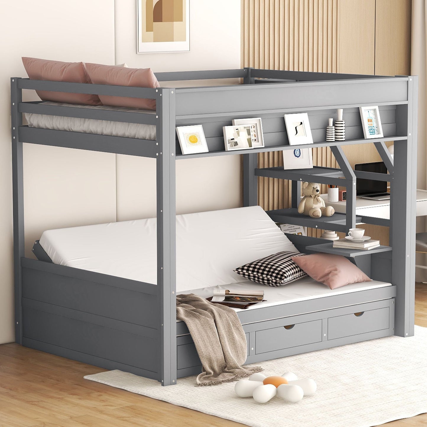 Convertible Full Wood Bunk Bed with Storage Staircase, Bedside Table, 3 Drawers, White | Just Better Bunk Beds
