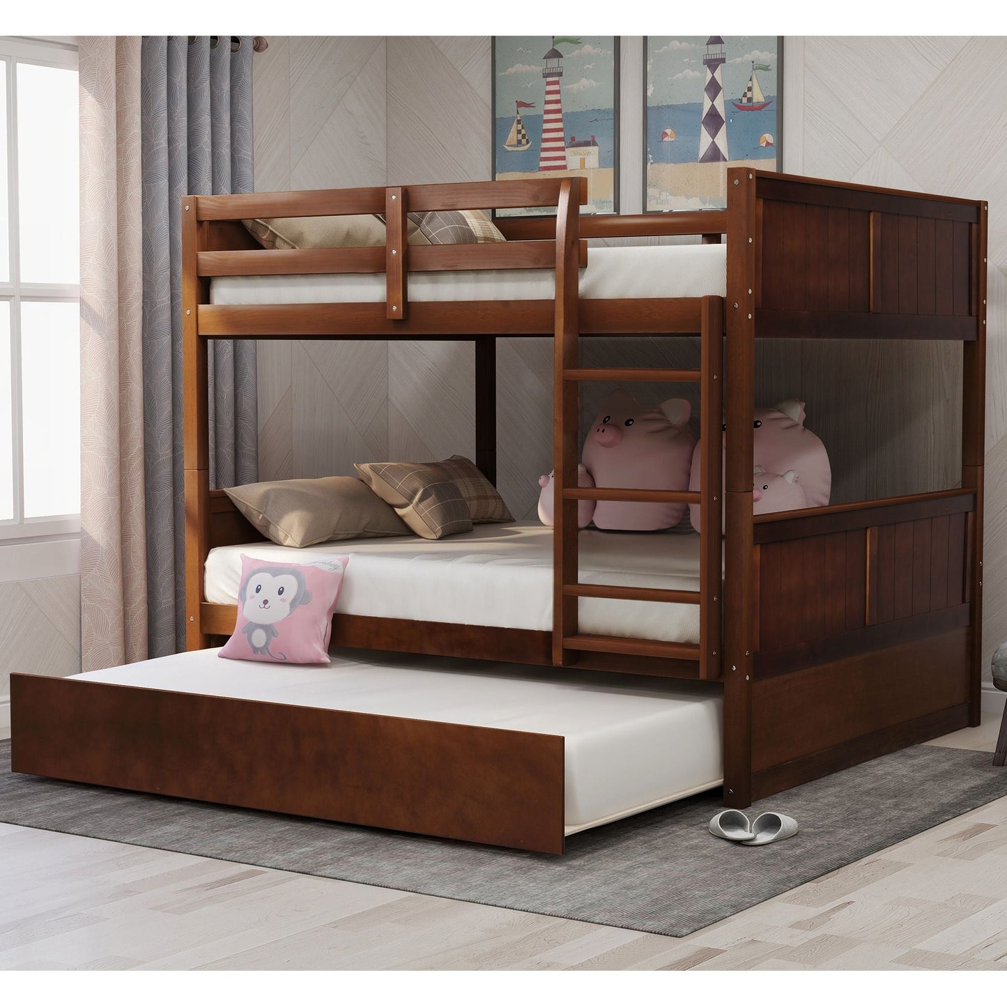 Shared Room Solution Full Over Full Wood Bunk Bed with Twin Trundle, White | Just Better Bunk Beds