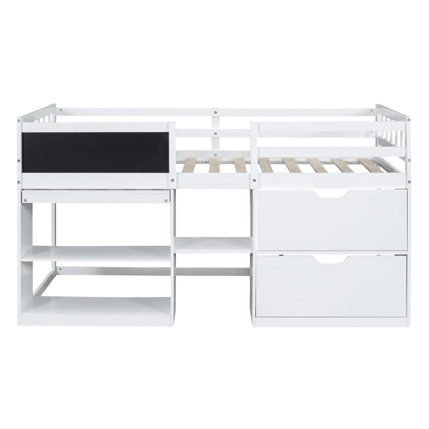 Space-Saving Twin Low Loft Wood Bed with Rolling Desk, Shelf, Drawers, White | Just Better Bunk Beds