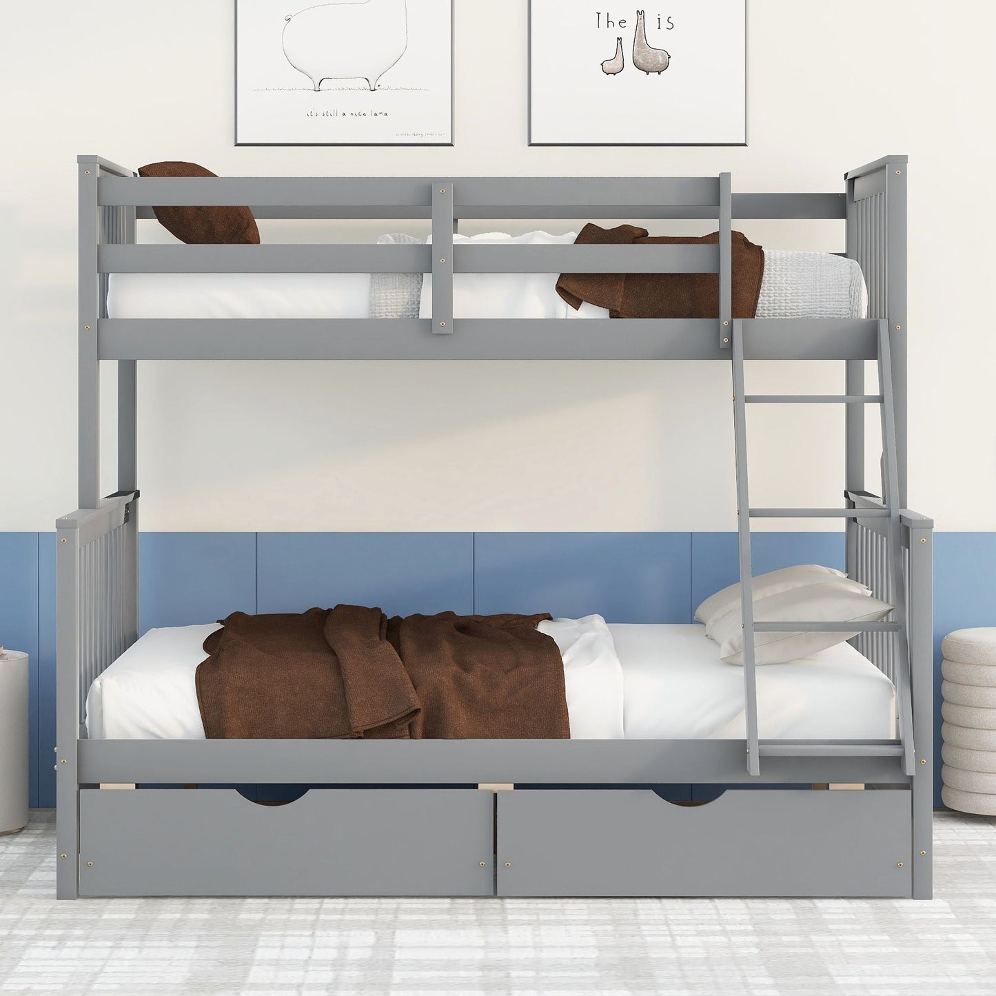 Kids Bedroom Twin Over Full Wood Bunk Bed with Ladders and Storage Drawers, Gray | Just Better Bunk Beds