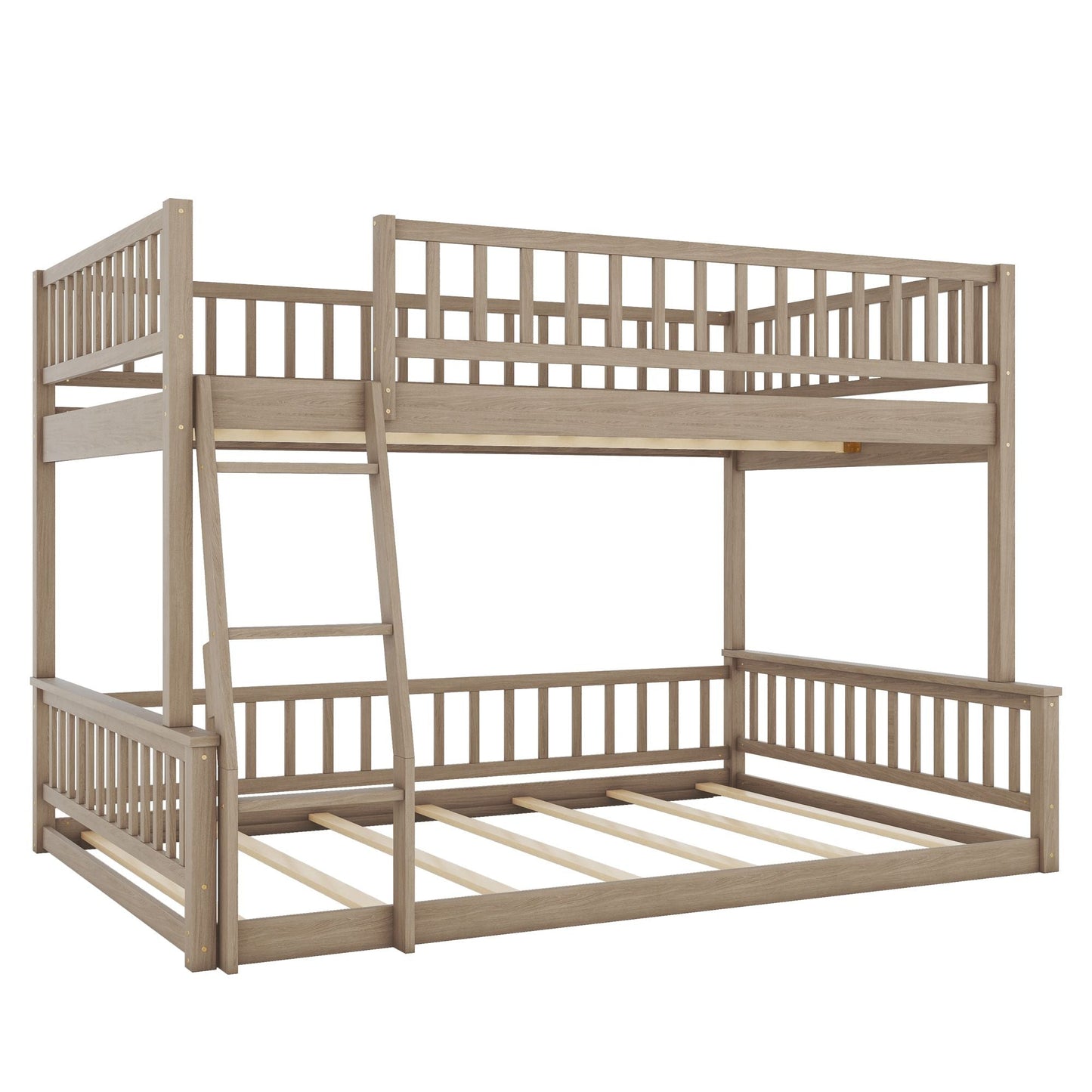 House-Style Full XL Over Queen Wood Bunk Bed with Ladder and Guardrails, Walnut | Just Better Bunk Beds