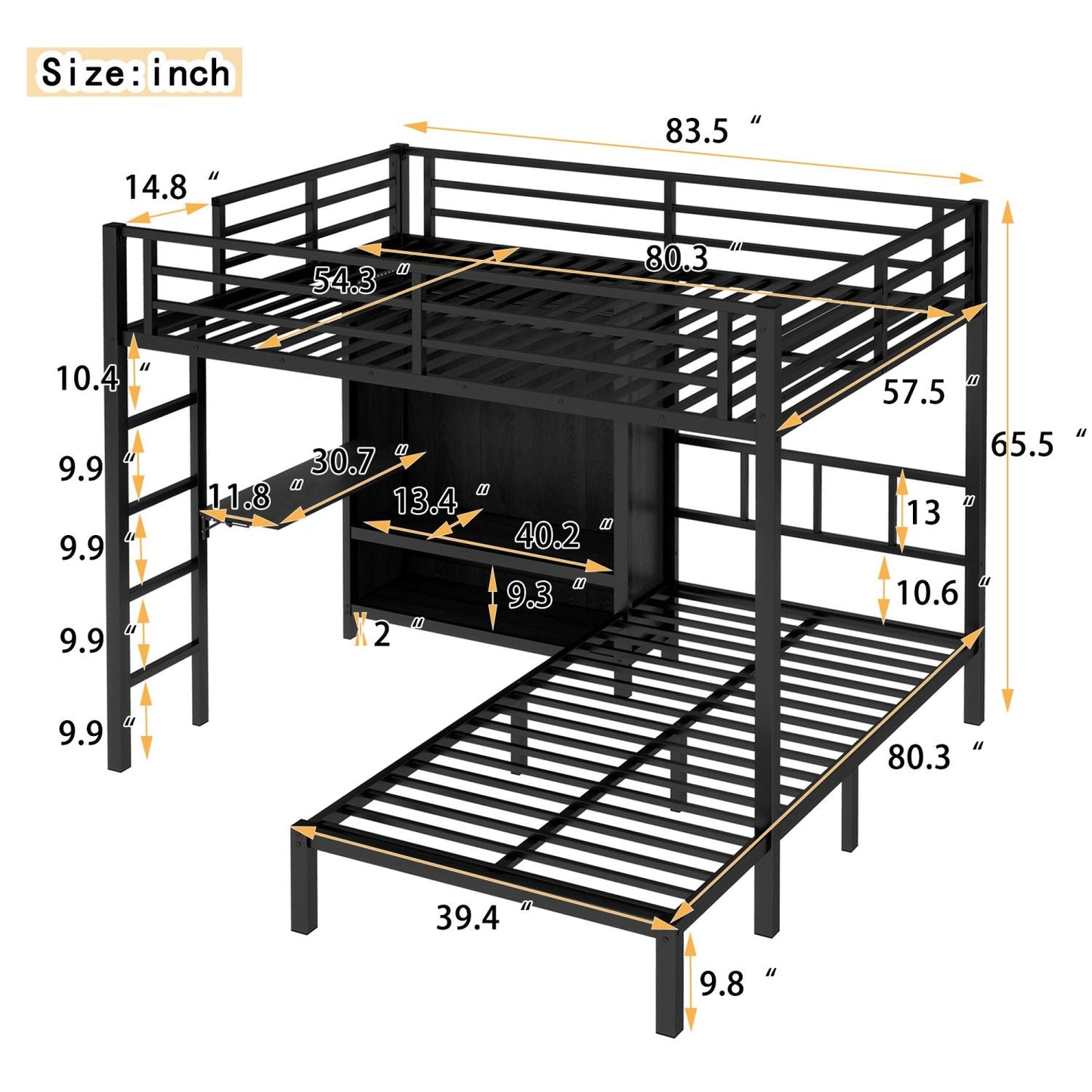 Space-Saving Full XL Over Twin Metal Bunk Bed with Folding Desk and LED Closet, Black | Just Better Bunk Beds