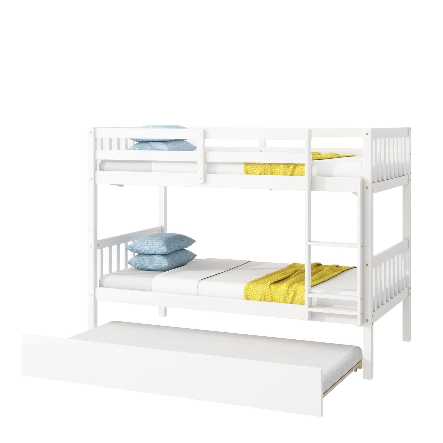 Space-Saving Twin Over Twin Rubber Wood Bunk Bed with Trundle, Convertible Beds, Ladder, Guardrails, White | Just Better Bunk Beds
