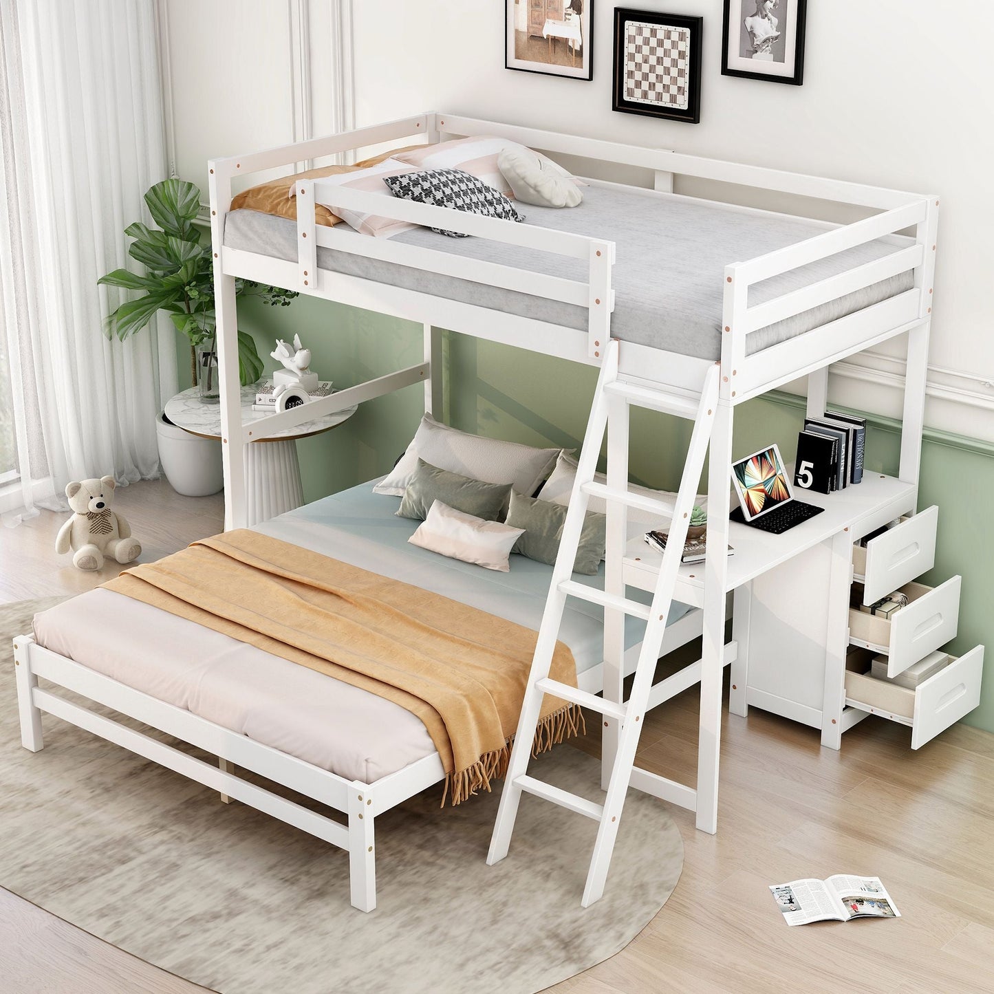 Space-Saving Twin Over Full Wood Bunk Bed with Built-in Desk and Drawers, White | Just Better Bunk Beds