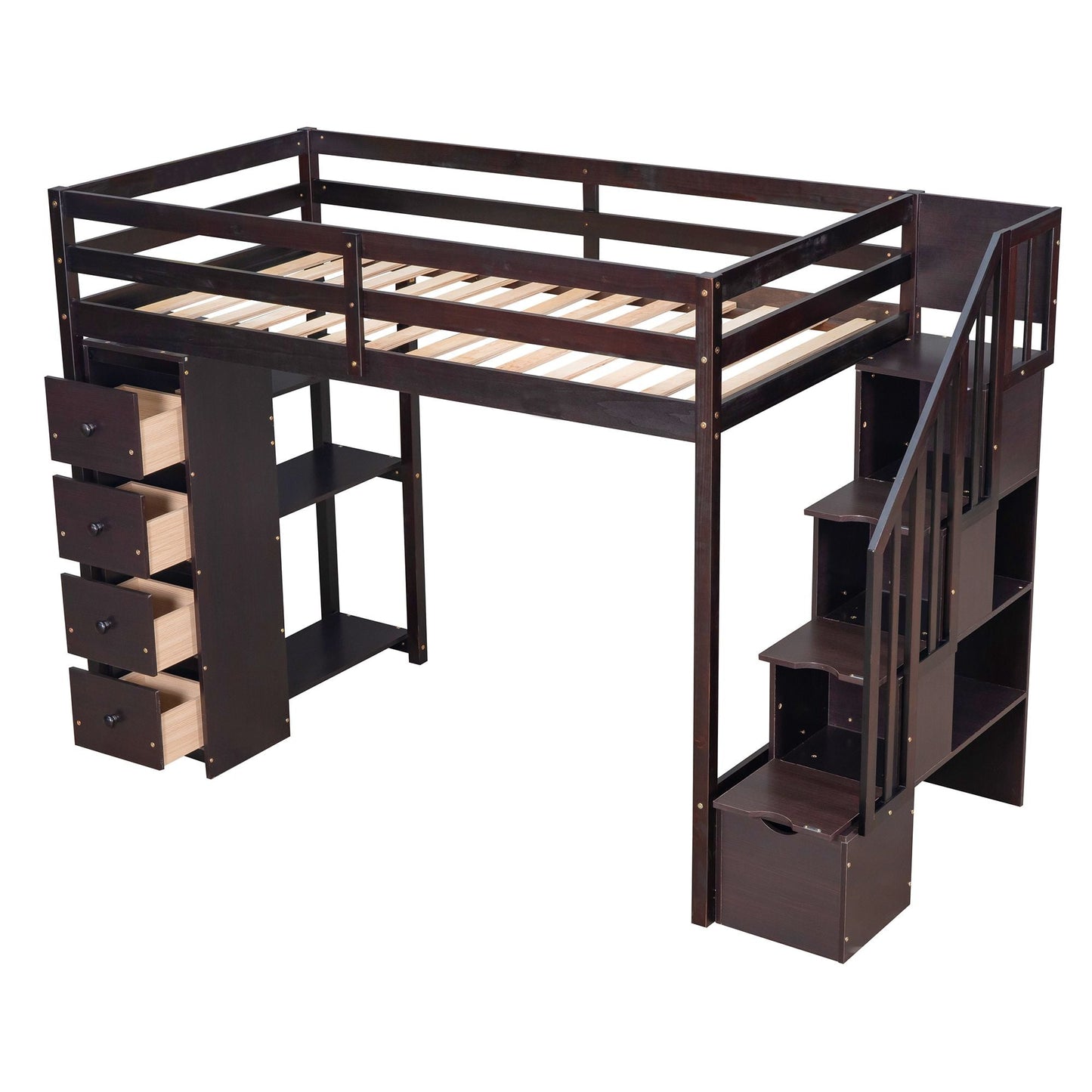 Kids Bedroom Twin Wood Loft Bed with Storage Drawers and Stairs, Espresso | Just Better Bunk Beds