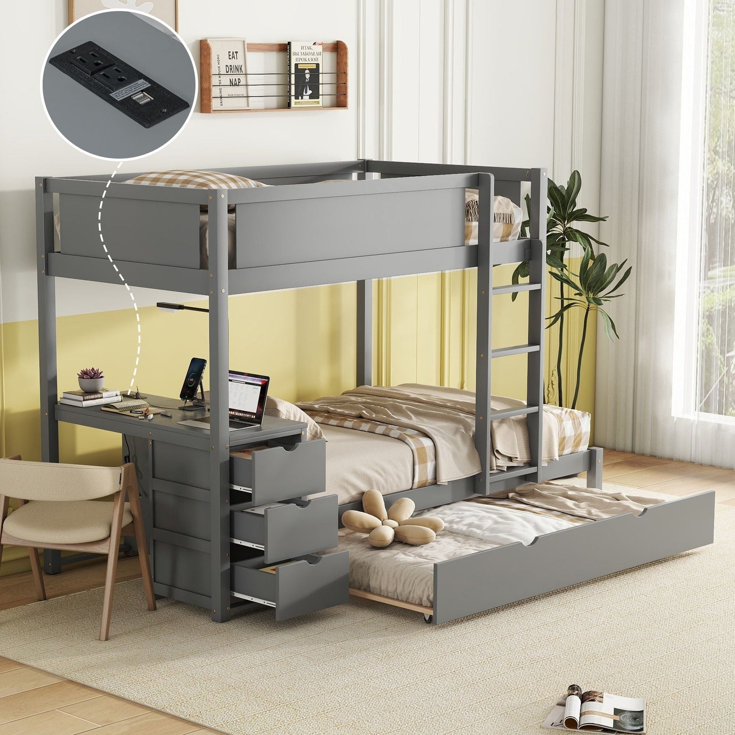 Space-Saving Twin Over Twin Wood Bunk Bed with Twin Trundle, Storage, Desk, Gray | Just Better Bunk Beds