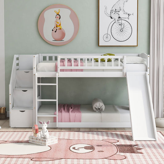 Stairway Twin over Twin Bunk Bed with Two Drawers and Slide,  White
