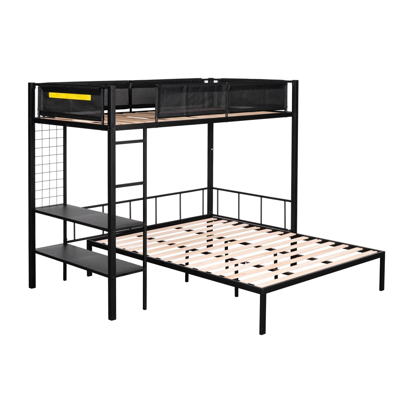 Heavy-Duty Twin Over Full Metal and Wood Bunk Bed with Shelves, Grid Panel, and Noise-Free Wood Slats, Black | Just Better Bunk Beds