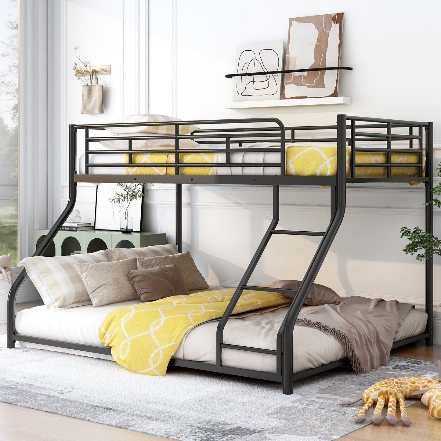 Space-Saving Twin XL Over Queen Metal Floor Bunk Bed, Black | Just Better Bunk Beds