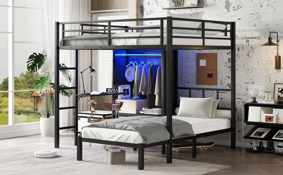 Space-Saving Full XL Over Twin Metal Bunk Bed with Folding Desk and LED Closet, Black | Just Better Bunk Beds