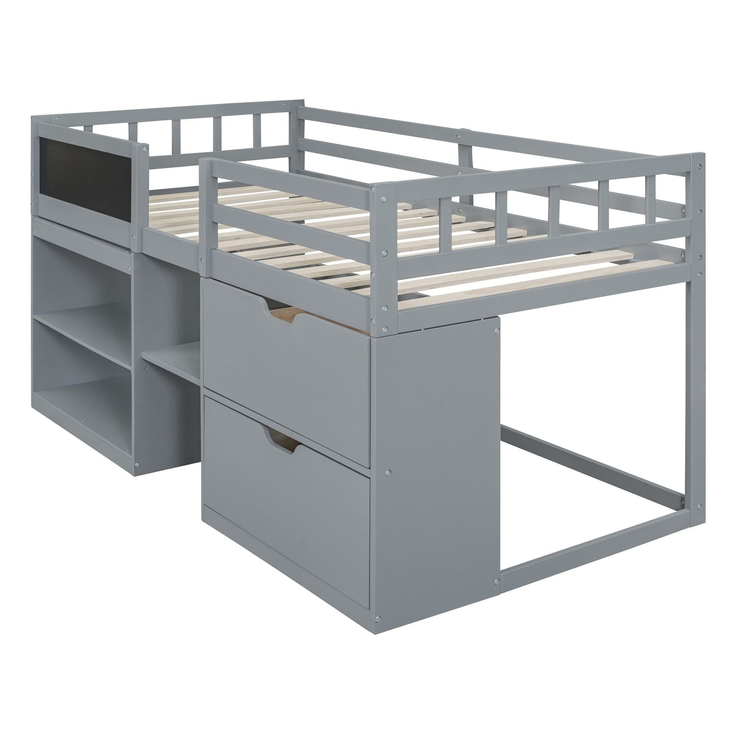 Space-Saving Twin Low Loft Wood Bed with Rolling Desk, Shelf, Drawers, White | Just Better Bunk Beds