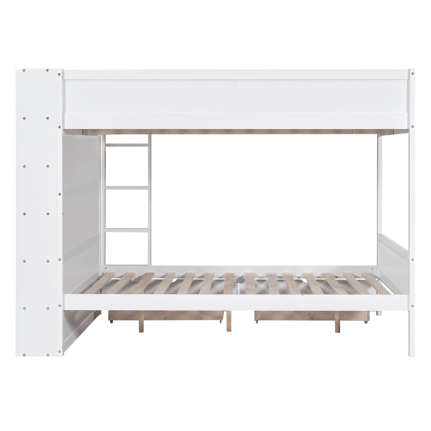 Organized Full Over Full Wood Bunk Bed with 2 Drawers and Multi-Layer Cabinet, White | Just Better Bunk Beds