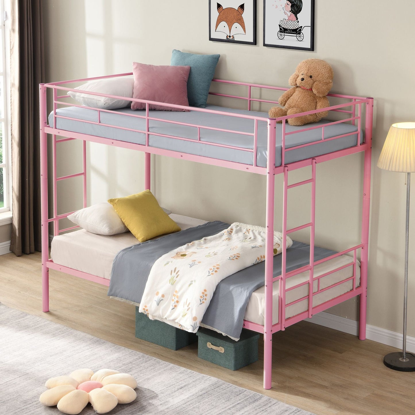 Shared Room Solution Twin Over Twin Metal Bunk Bed with 2 Ladders and Full-Length Guardrail, Black | Just Better Bunk Beds