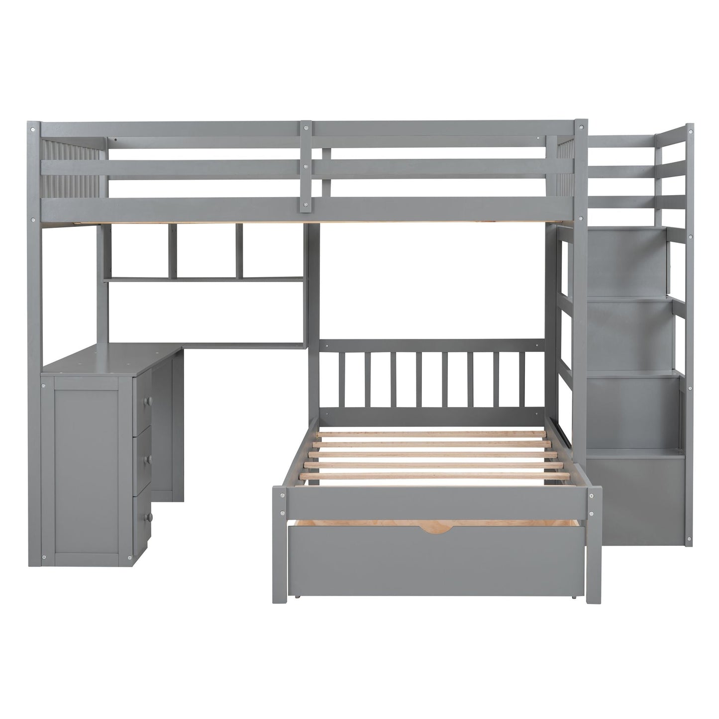 Shared Room Solution Full Over Twin Wood Bunk Bed with Desk, Drawers and Shelves, Gray | Just Better Bunk Beds