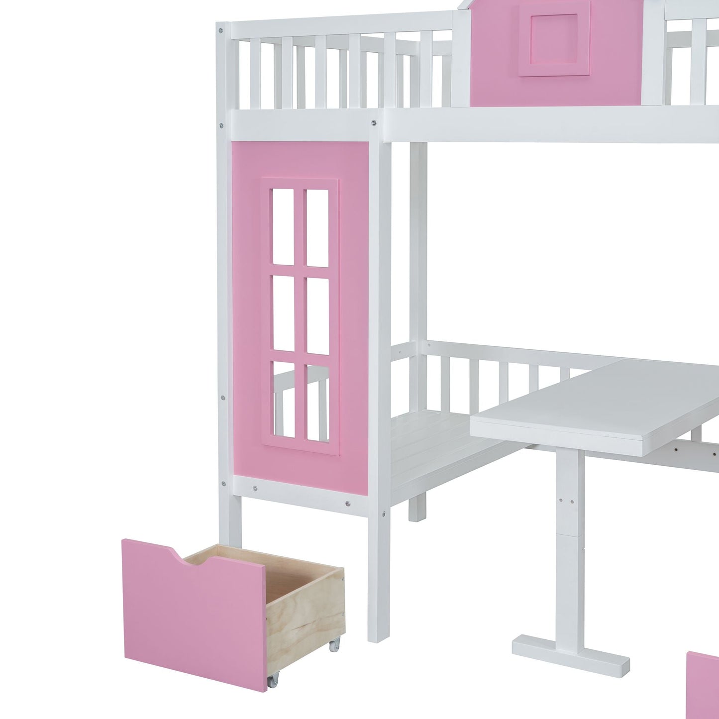 Space-Saving Twin Over Twin Wood Bunk Bed with Changeable Table, Upper Bed and Down Desk, Pink | Just Better Bunk Beds