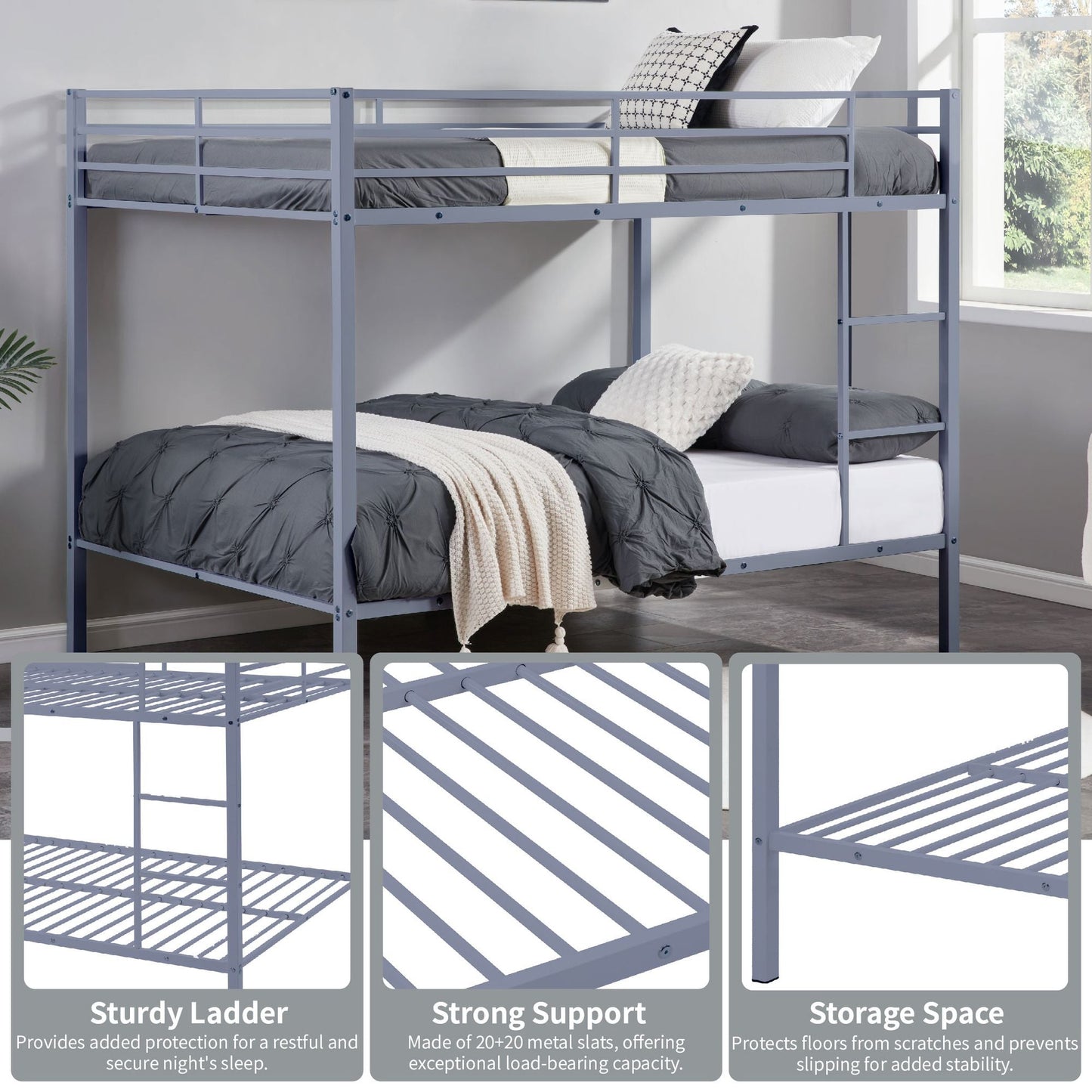 Heavy-Duty Full Over Full Metal Bunk Bed with Built-in Ladder and Safety Guard Rail, Gray | Just Better Bunk Beds
