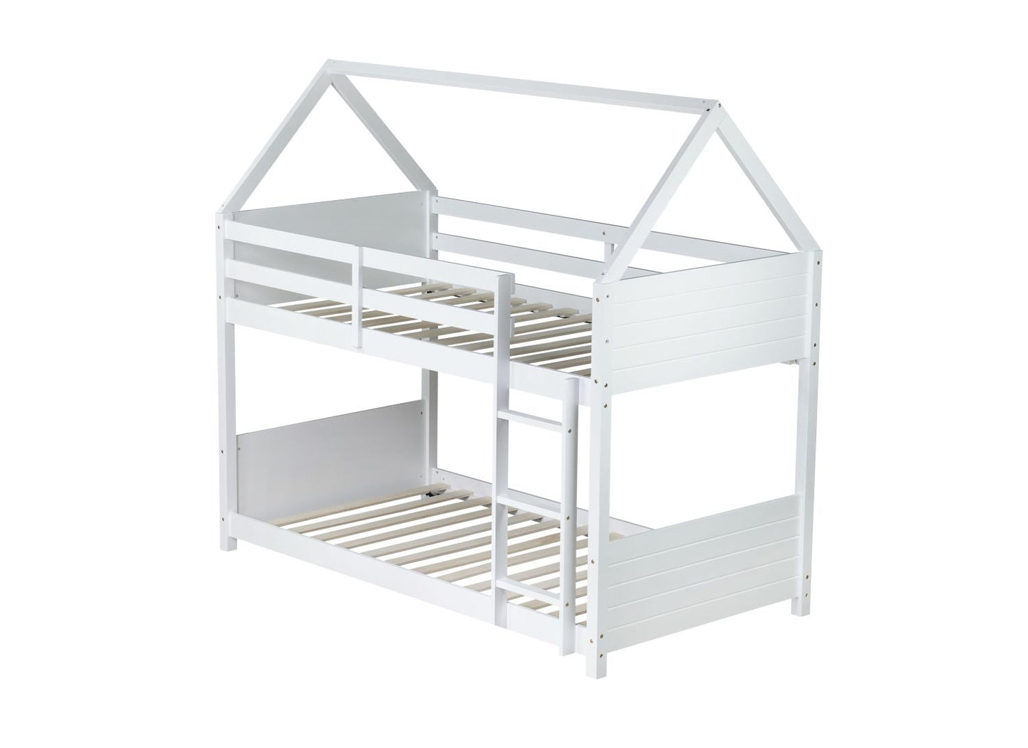 Twin Over Twin House Floor Bunk Bed with Headboards,  Footboards and Guardrails,  Ladder,  Rubber Wood Bunk Bed with Safety Guardrails, White